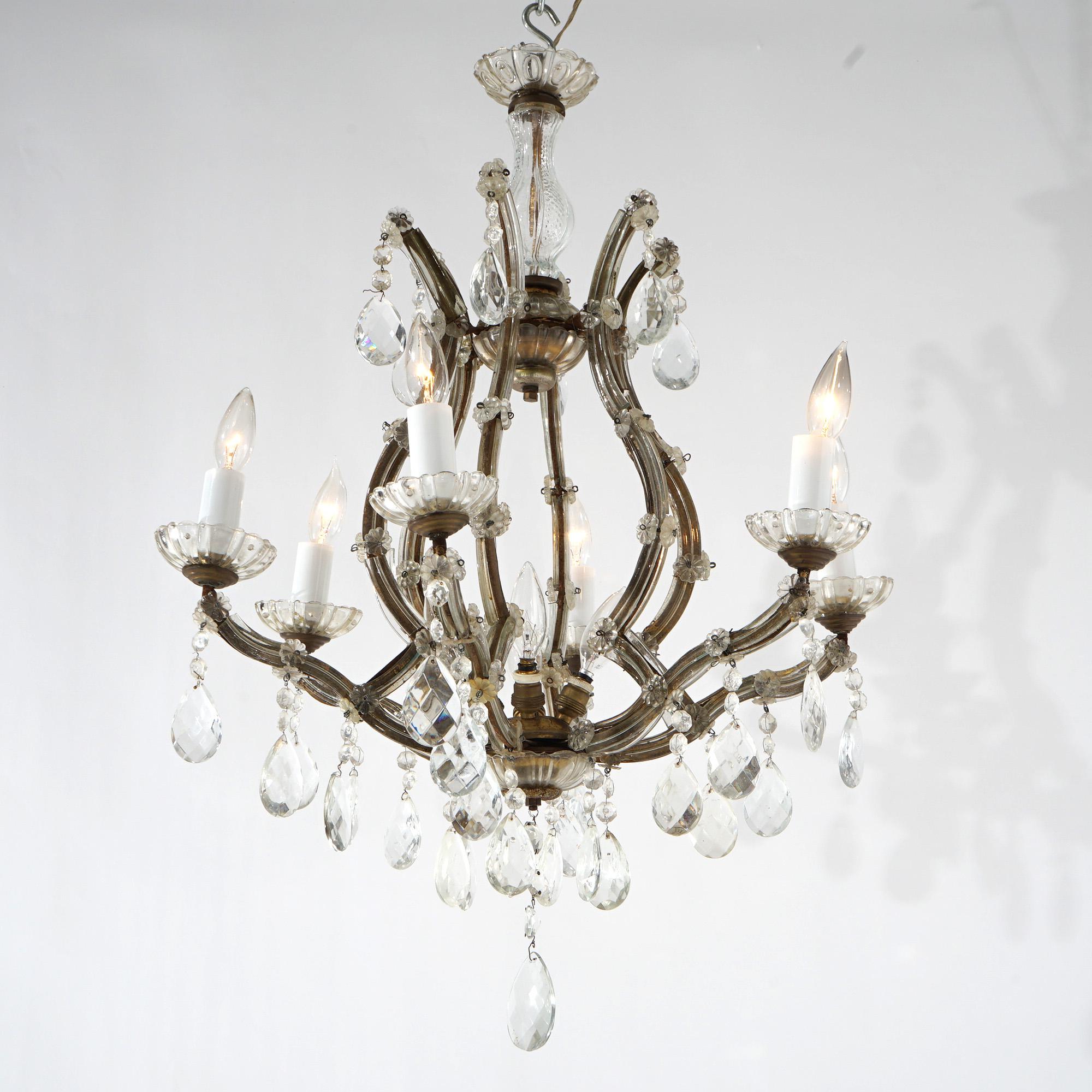 Antique French Style Gilt Metal & Crystal Chandelier Circa 1940 In Good Condition For Sale In Big Flats, NY