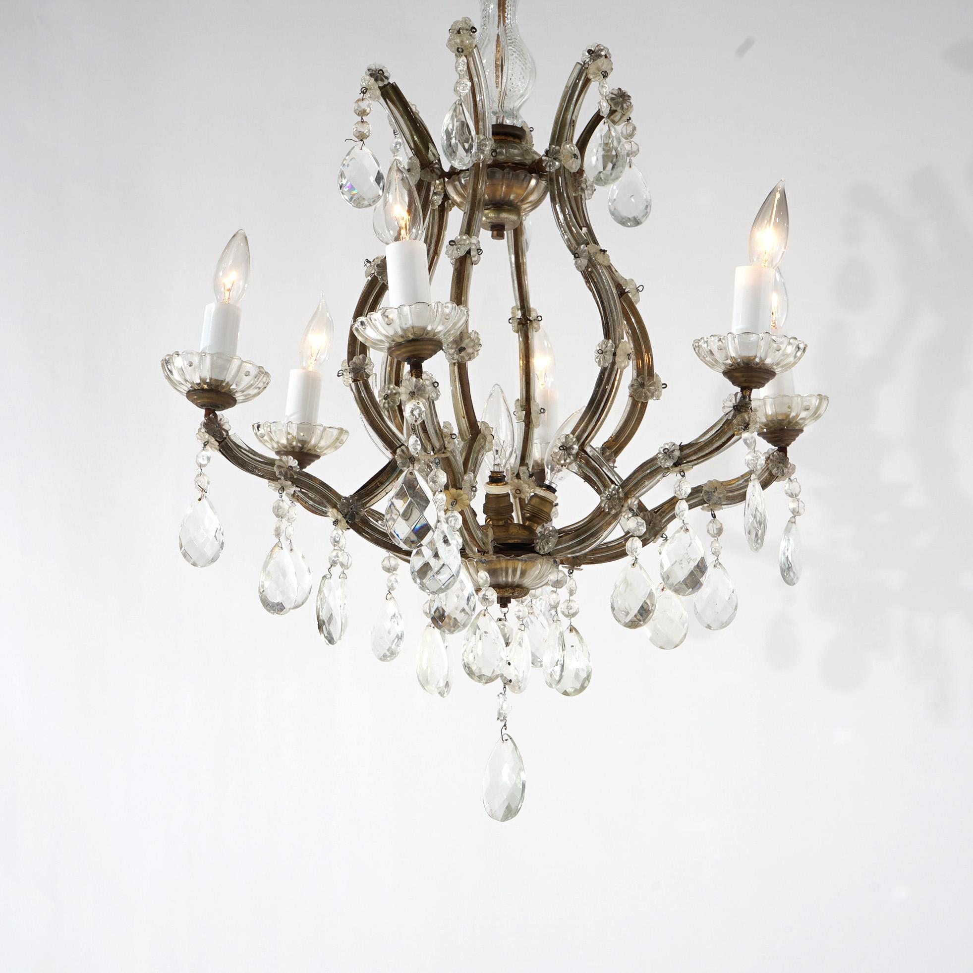 20th Century Antique French Style Gilt Metal & Crystal Chandelier Circa 1940 For Sale