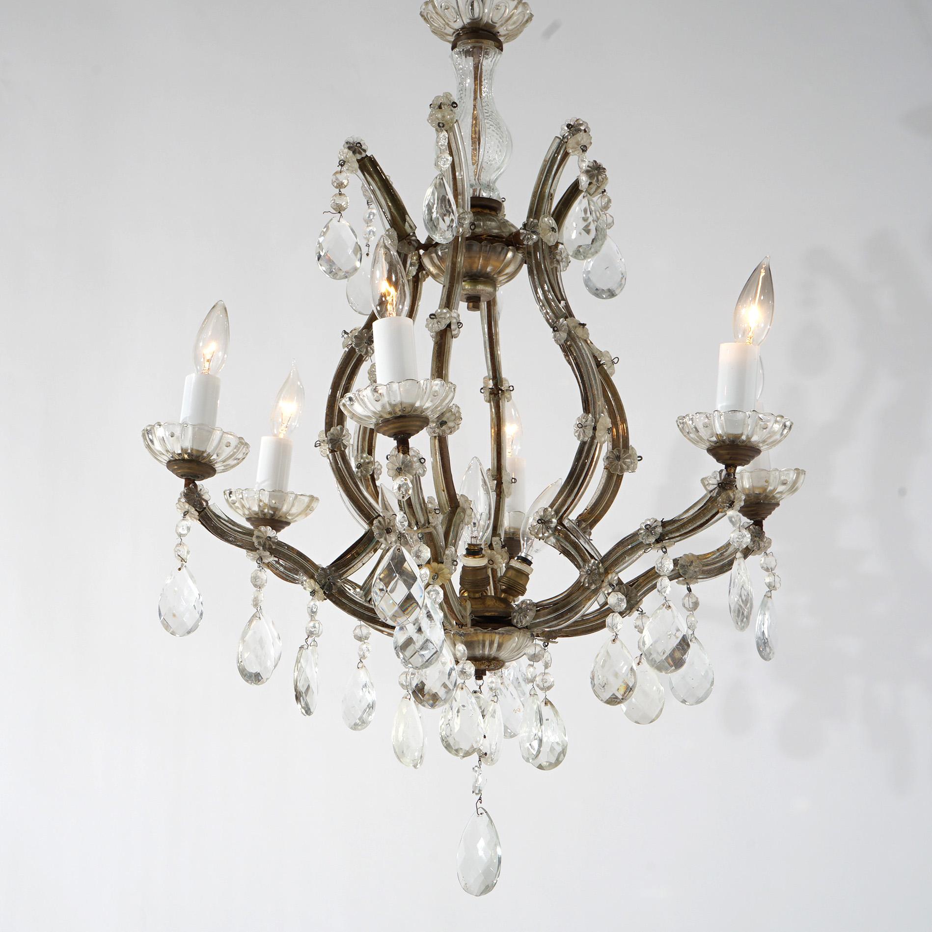 Antique French Style Gilt Metal & Crystal Chandelier Circa 1940 For Sale 1