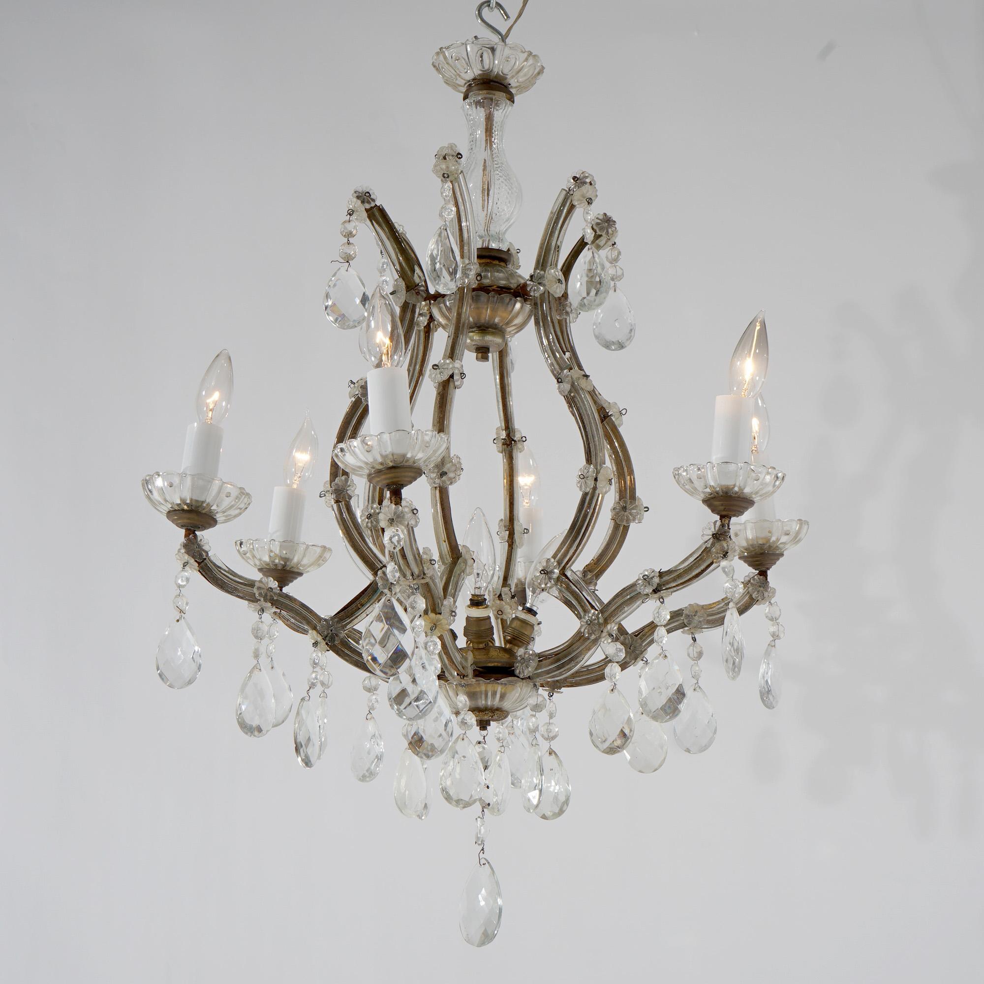 Antique French Style Gilt Metal & Crystal Chandelier Circa 1940 For Sale 2