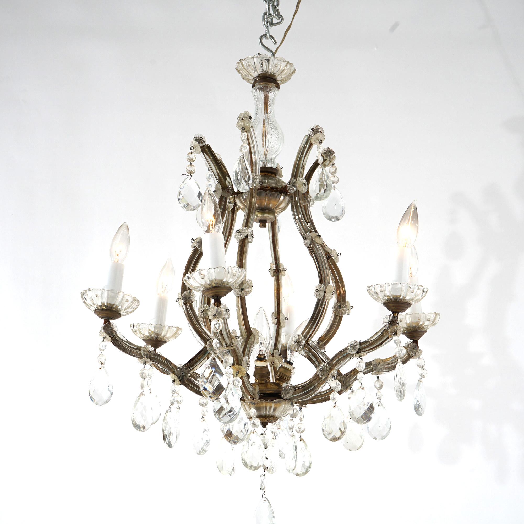 Antique French Style Gilt Metal & Crystal Chandelier Circa 1940 For Sale 3