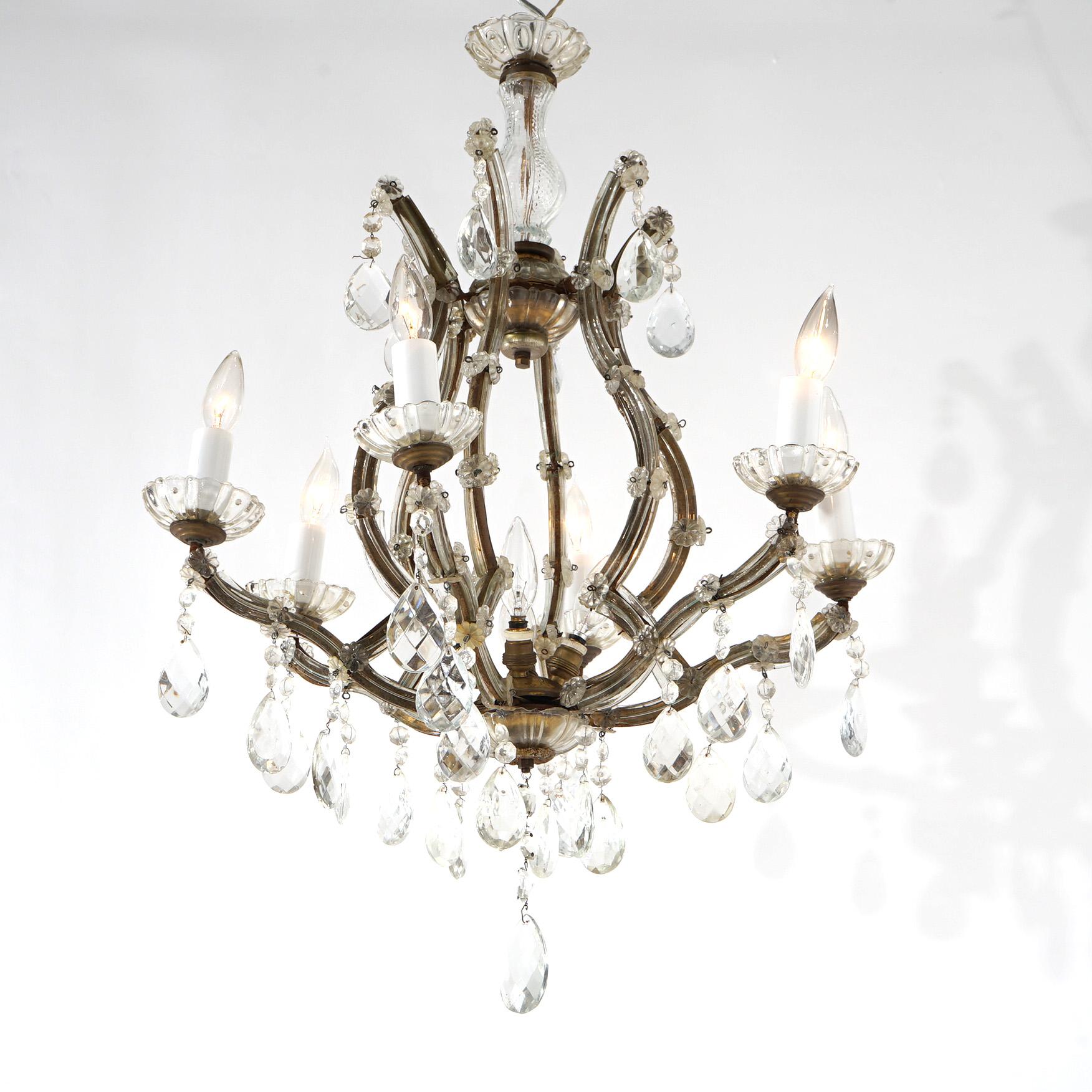 Antique French Style Gilt Metal & Crystal Chandelier Circa 1940 For Sale 4