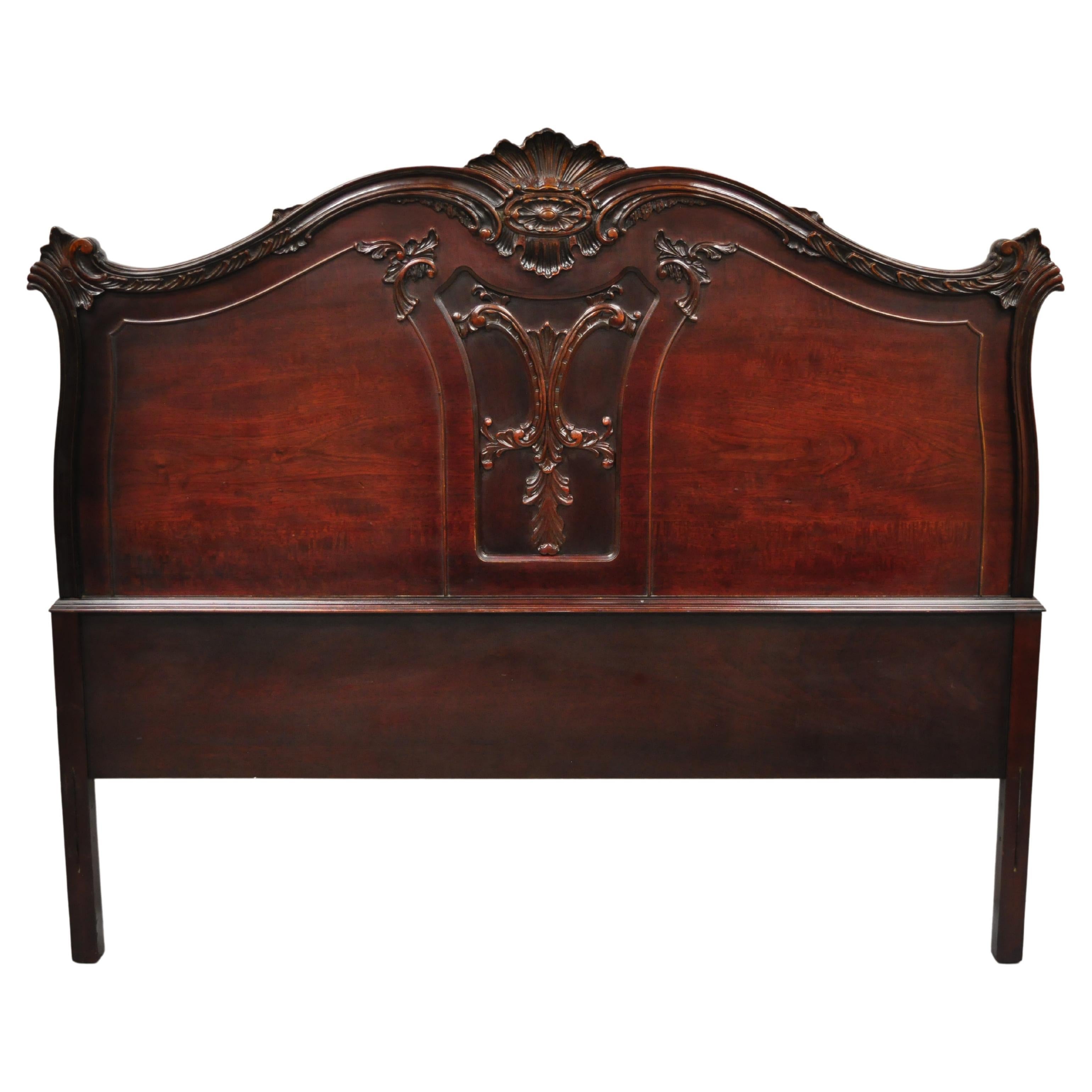 Antique French Style Hollywood Regency Carved Mahogany Full Size Bed Headboard