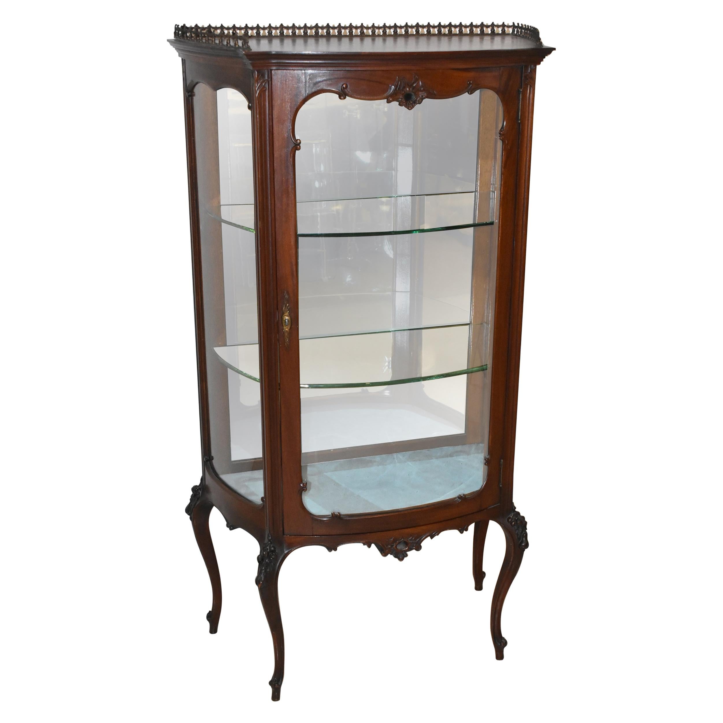 Antique French Style Mahogany Curio Cabinet Brass Gallery