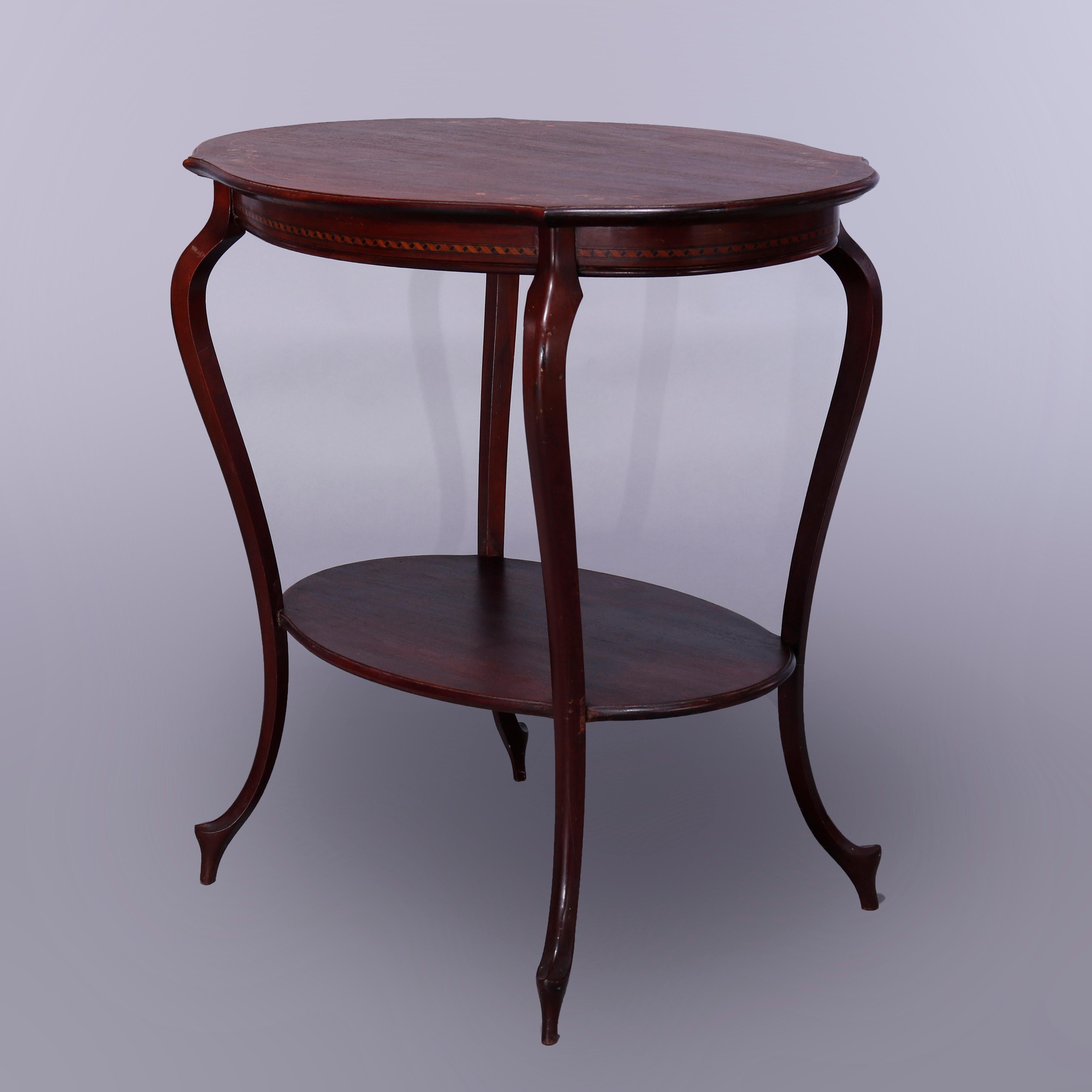 Antique French Style Mahogany & Satinood Marquetry Inlay Parlor Table,  c1900 For Sale 4