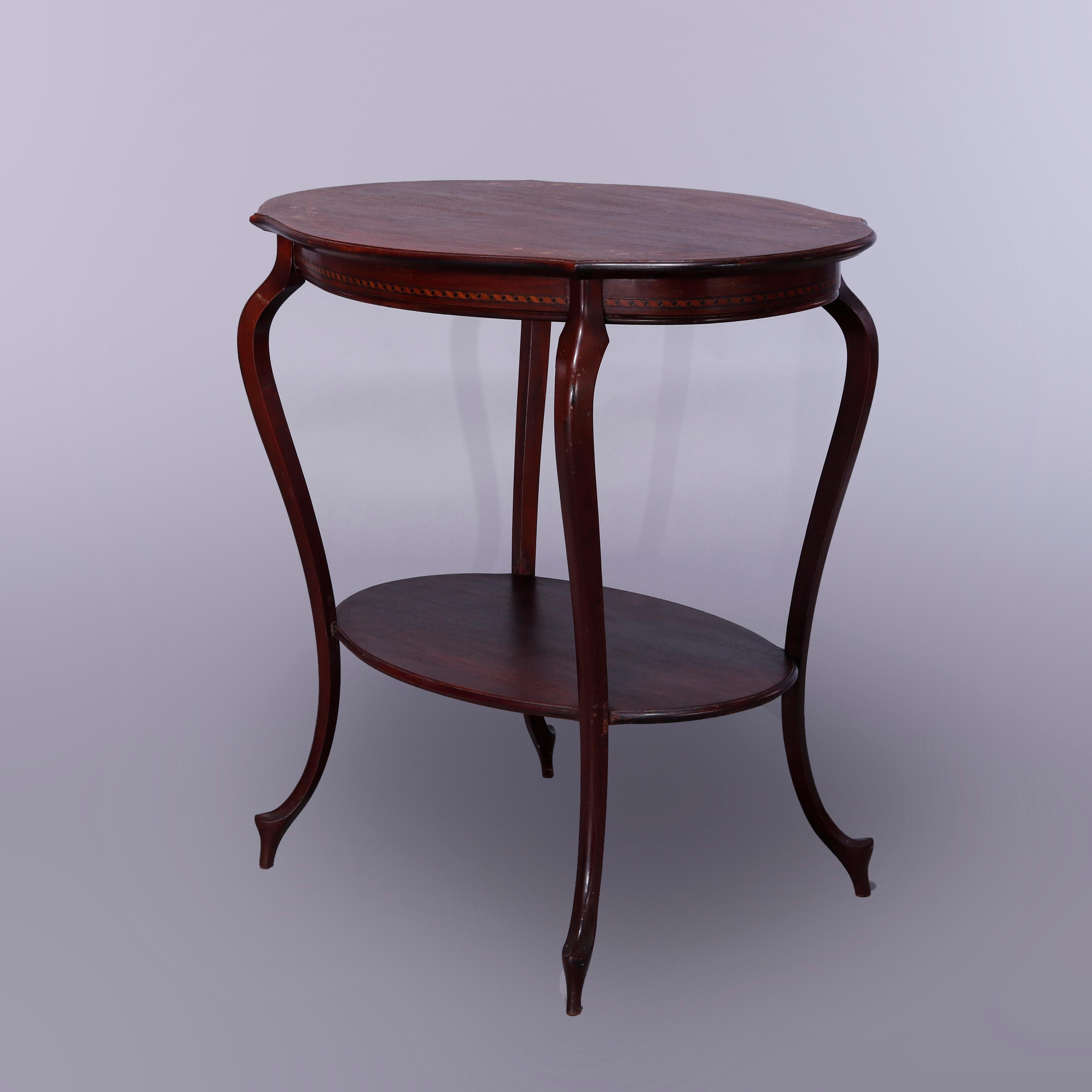 Antique French Style Mahogany & Satinood Marquetry Inlay Parlor Table,  c1900 For Sale 5