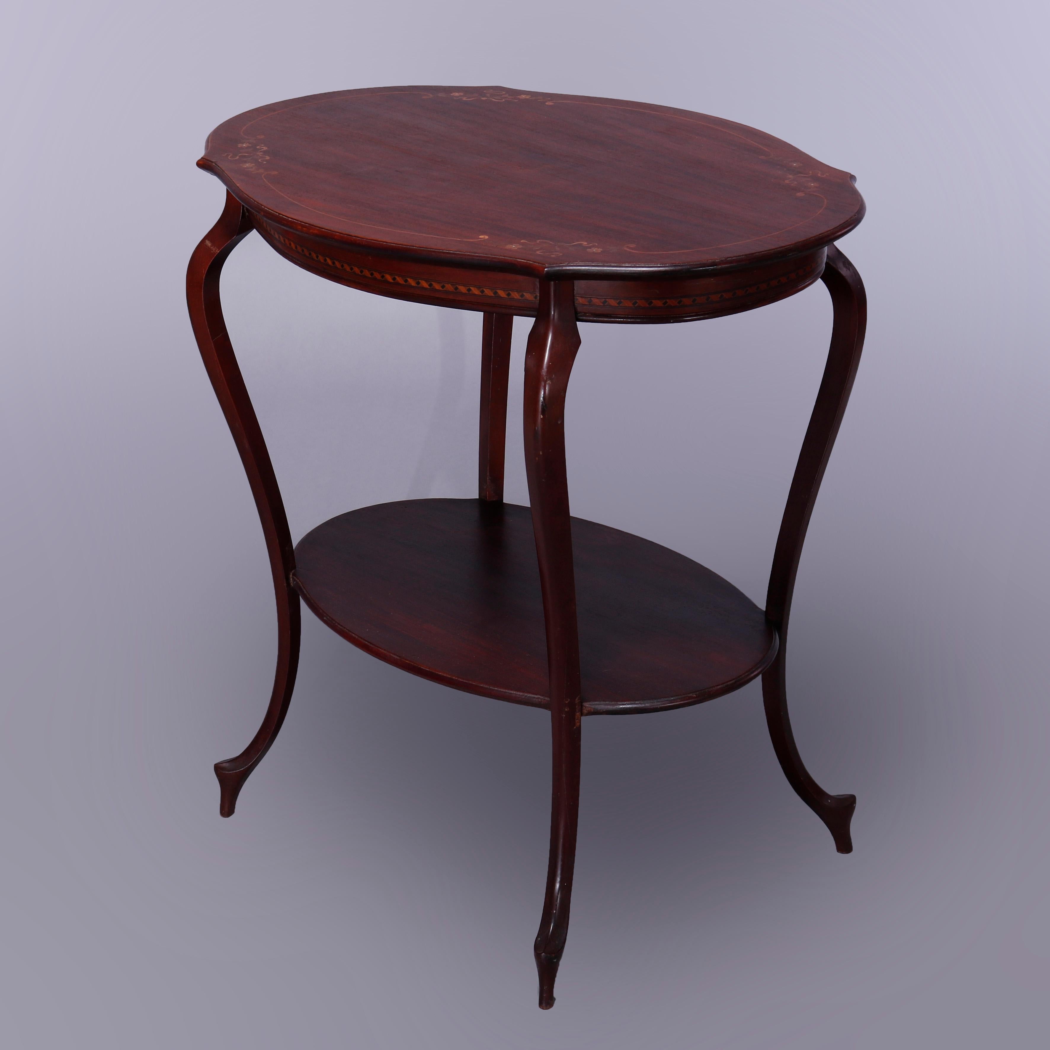 Antique French Style Mahogany & Satinood Marquetry Inlay Parlor Table,  c1900 For Sale 6