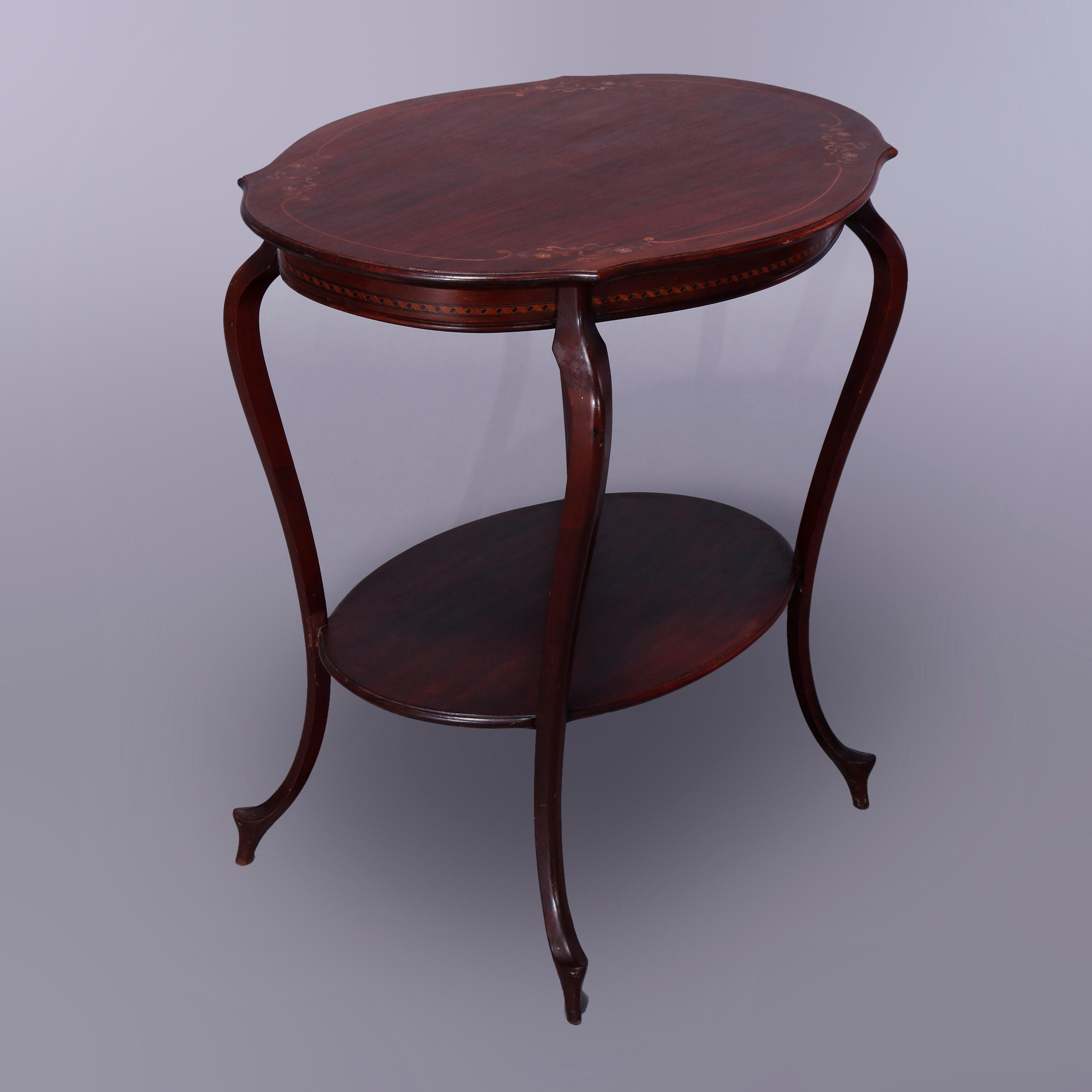 Antique French Style Mahogany & Satinood Marquetry Inlay Parlor Table,  c1900 For Sale 7