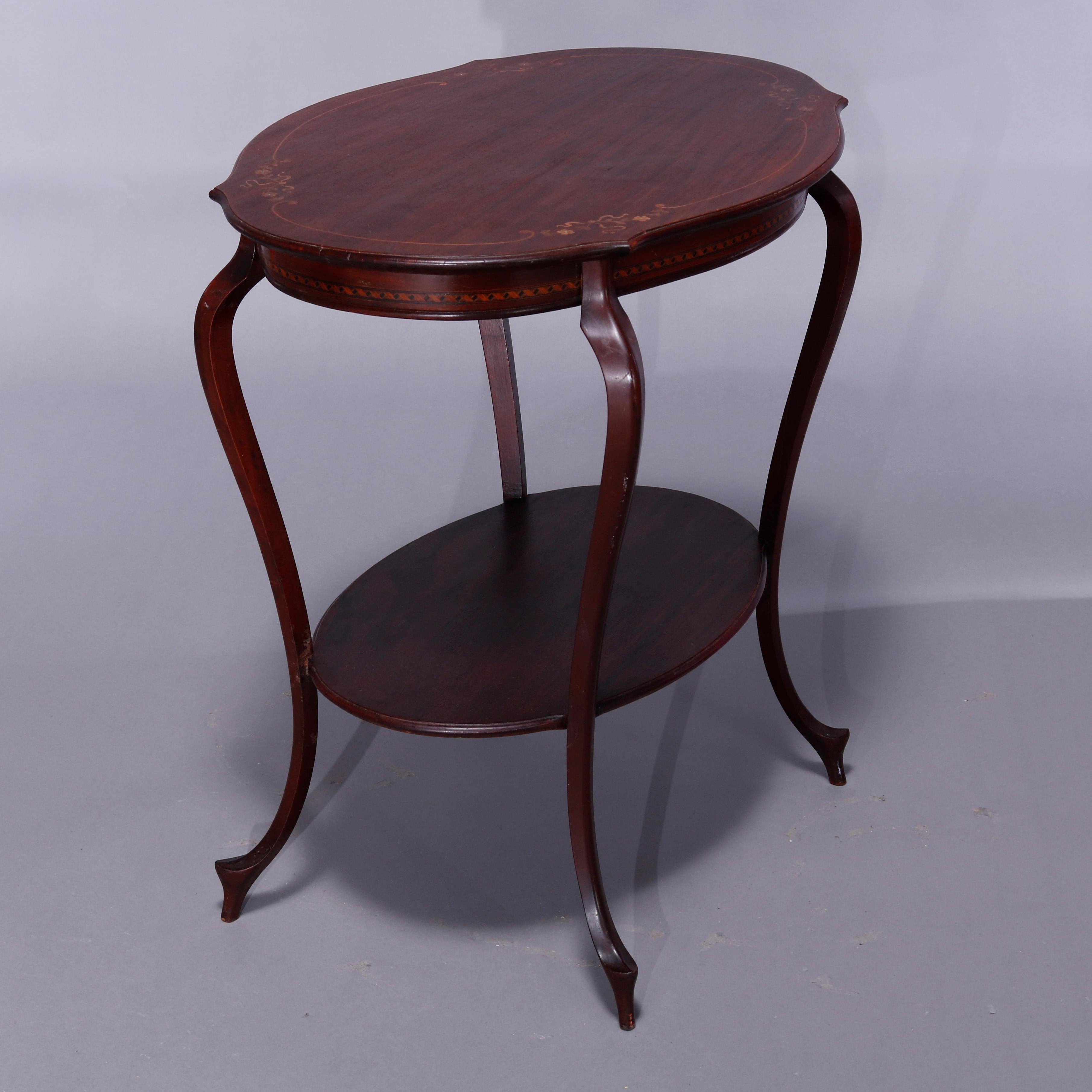 Antique French Style Mahogany & Satinood Marquetry Inlay Parlor Table,  c1900 For Sale 8