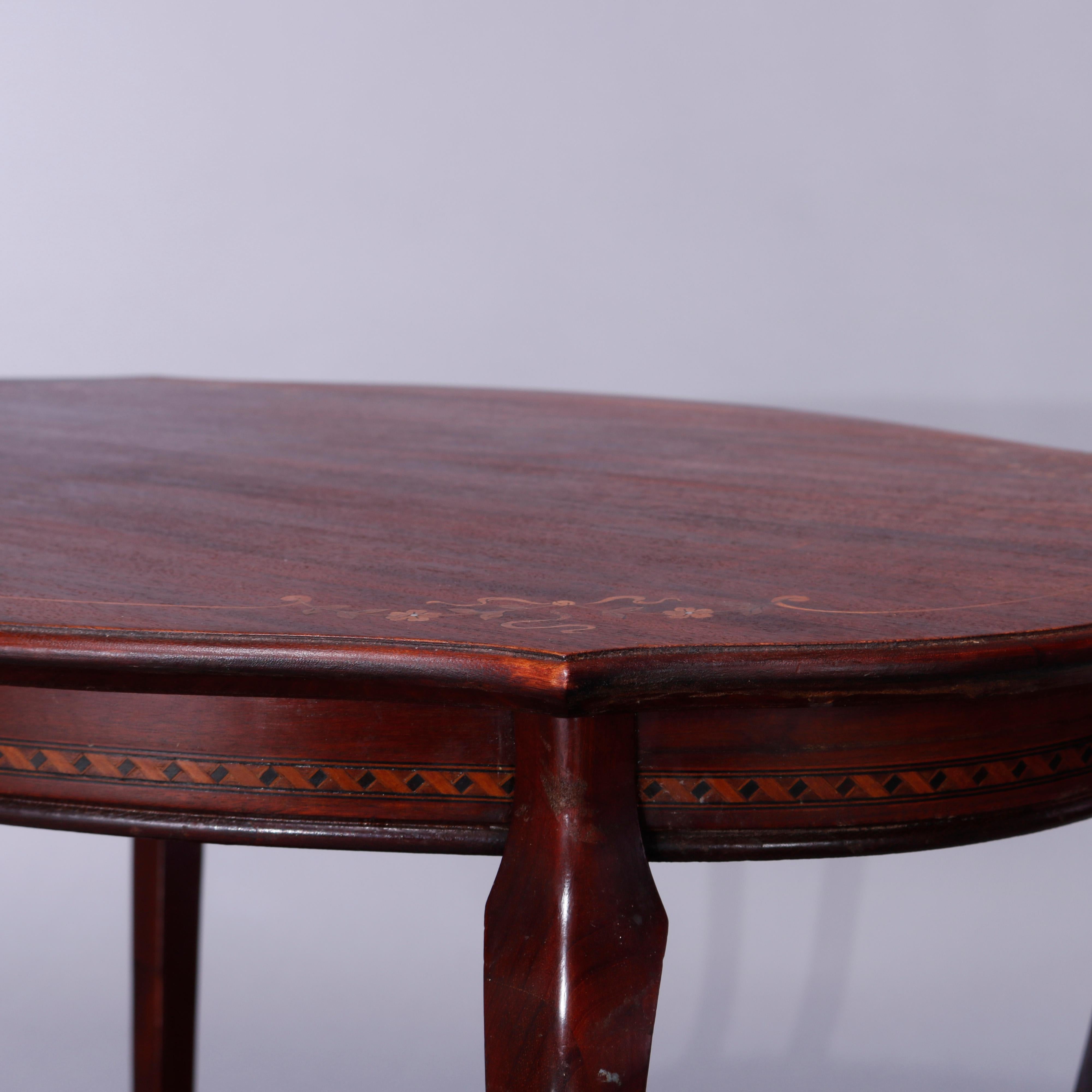 Wood Antique French Style Mahogany & Satinood Marquetry Inlay Parlor Table,  c1900 For Sale
