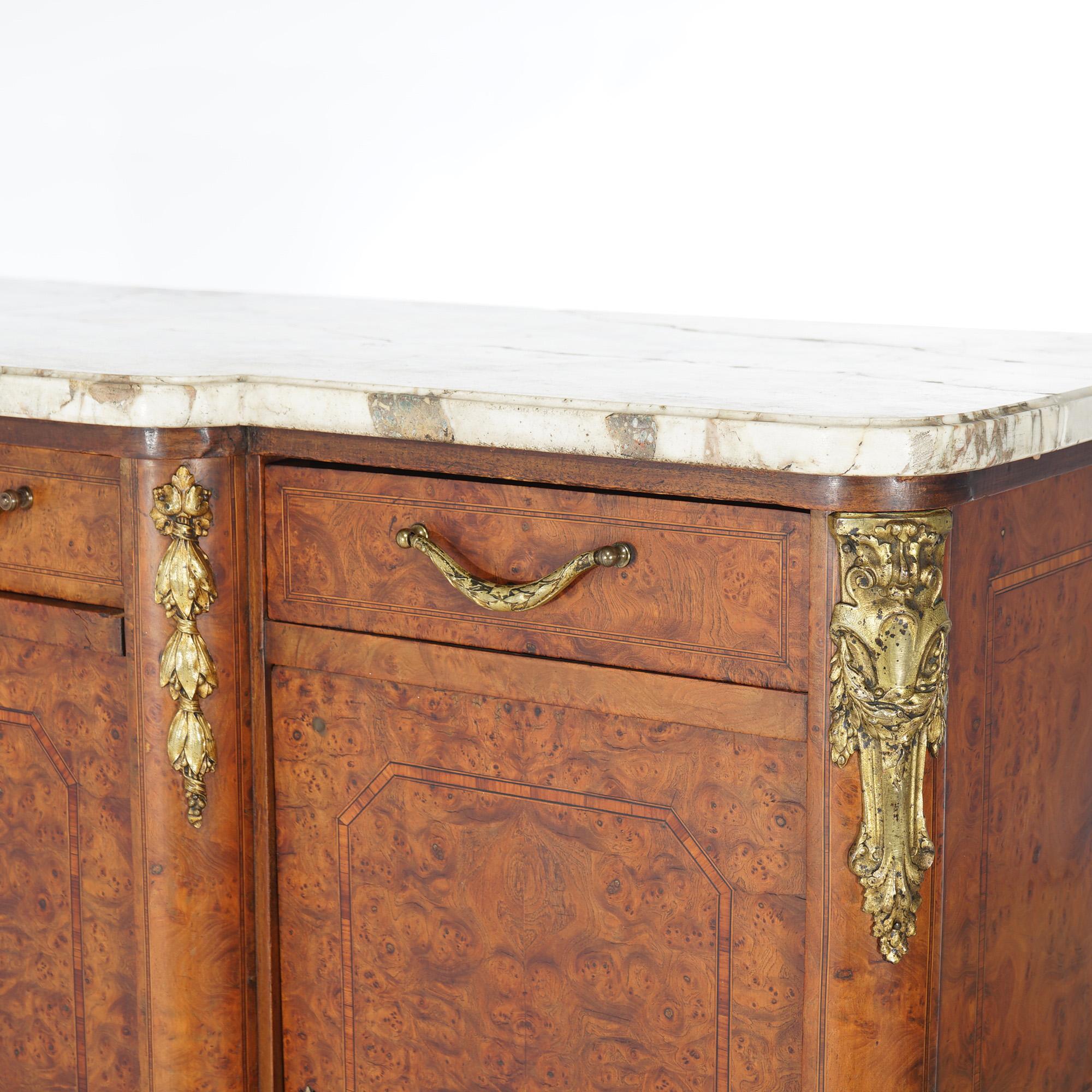 Antique French Style Marble & Burl Inlaid Mirrored Buffet with Gilt Metal Mounts For Sale 5