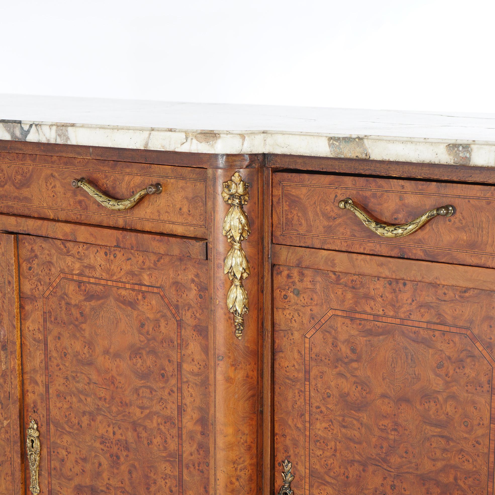 Antique French Style Marble & Burl Inlaid Mirrored Buffet with Gilt Metal Mounts For Sale 3