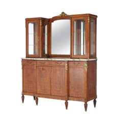 Antique French Style Marble & Burl Inlaid Mirrored Buffet with Gilt Metal Mounts