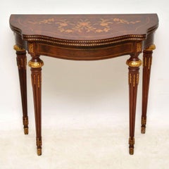Antique French Style Marquetry Top Walnut Card Table