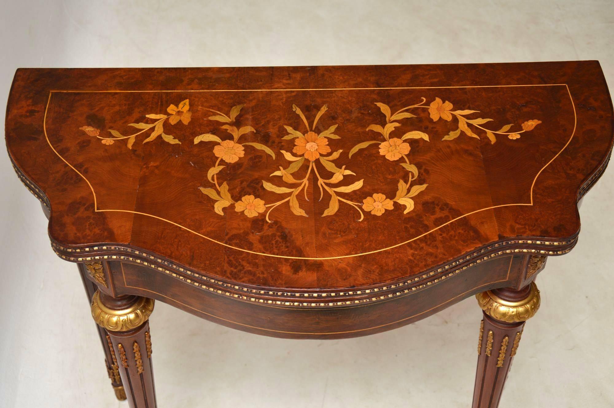 Antique French Style Marquetry Top Walnut Card Table 1