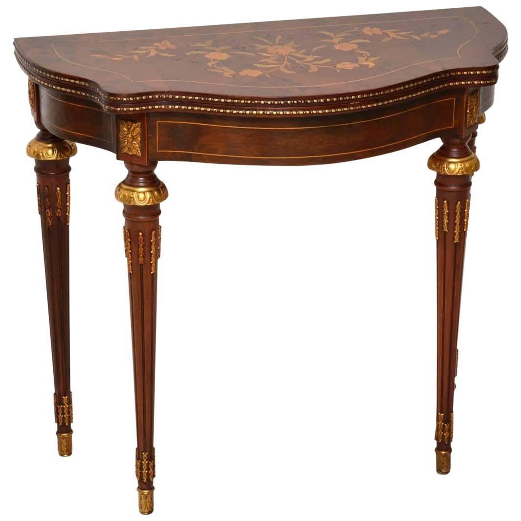 Antique French Style Marquetry Top Walnut Card Table