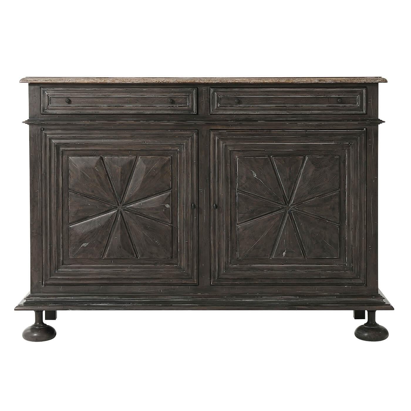 Antique French style oak veneered cabinet with a carmel finish, two frieze drawers above a cabinet with two stellar relief doors, an interior with two sections each with adjustable shelves and raised on bun feet.
Dimensions: 62.5