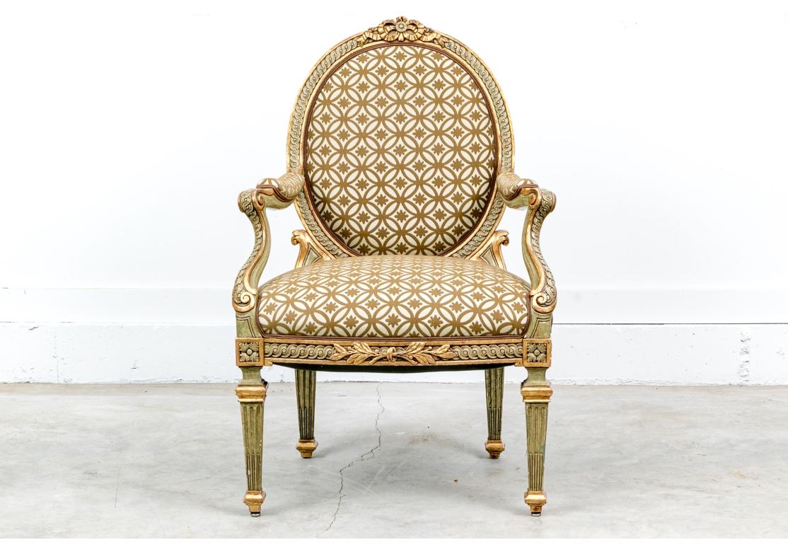 Carved Antique French Style Paint Decorated And Gilt Fauteuil For Sale