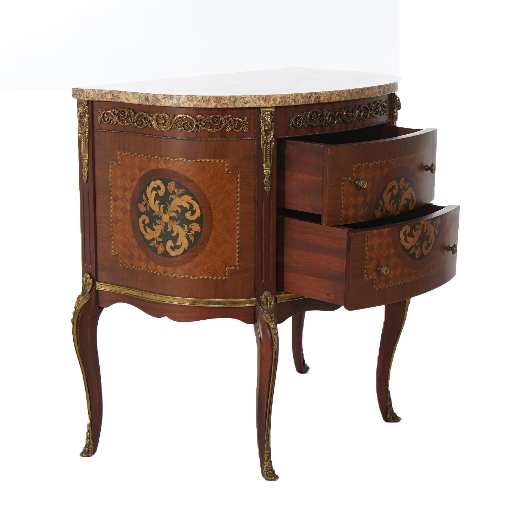 Antique French Style Parquetry Inlay & Ormolu Marble Top Side Table C1920 In Good Condition In Big Flats, NY