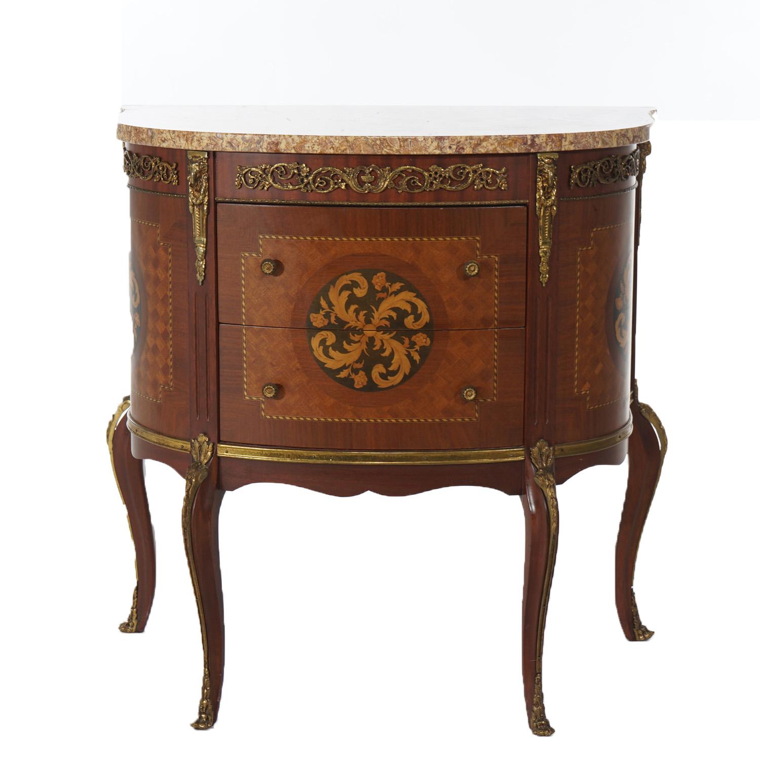 Antique French Style Parquetry Inlay & Ormolu Marble Top Side Table C1920 1