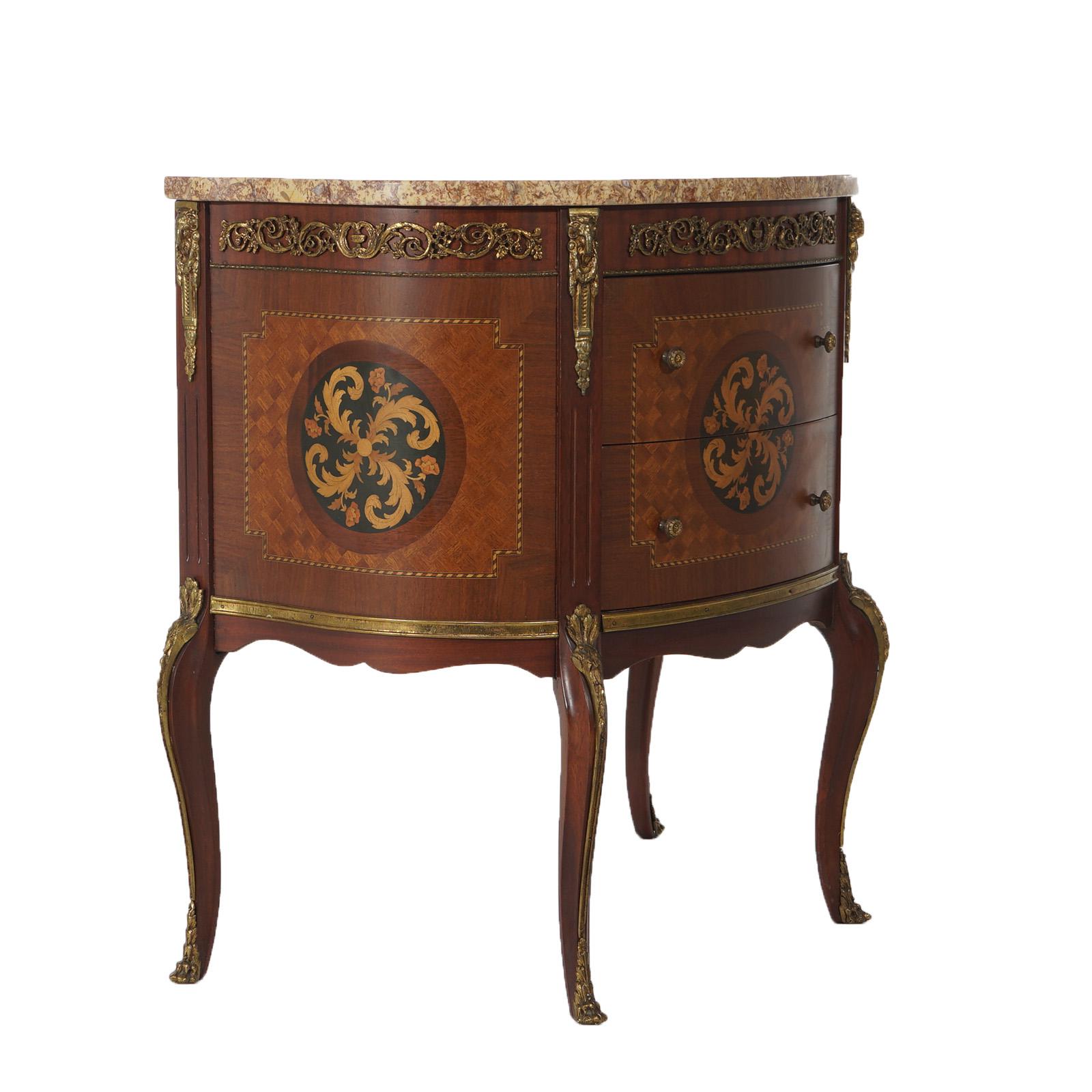 Antique French Style Parquetry Inlay & Ormolu Marble Top Side Table C1920 For Sale 2