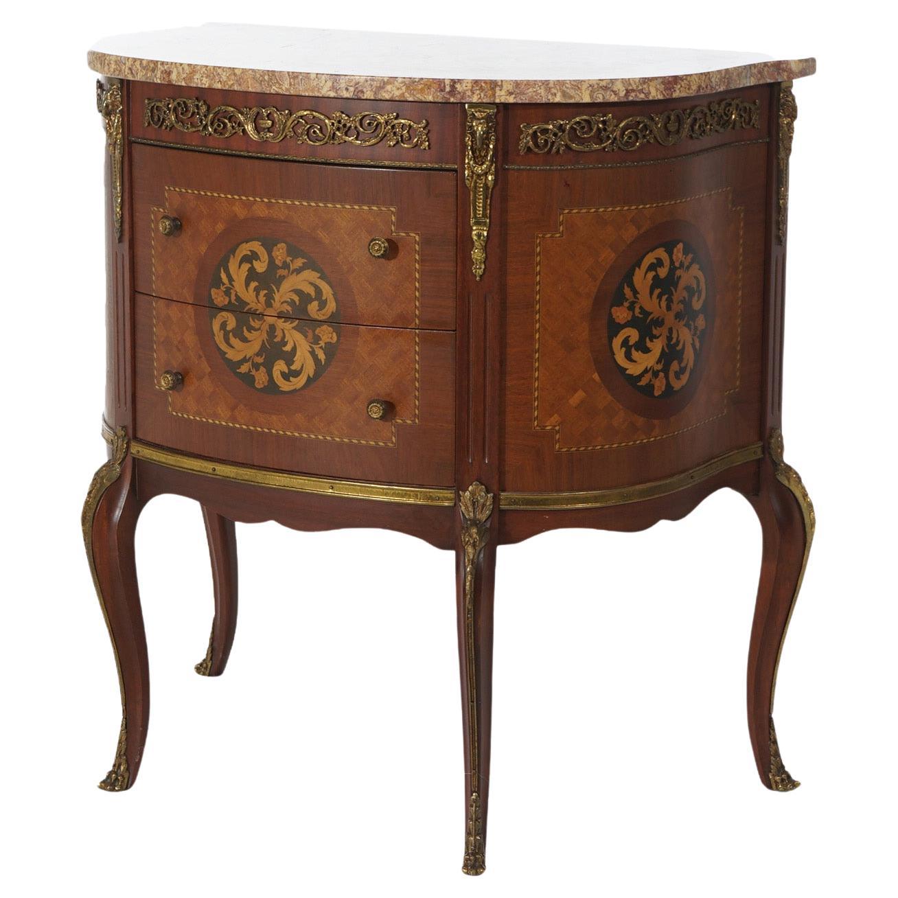 Antique French Style Parquetry Inlay & Ormolu Marble Top Side Table C1920 For Sale
