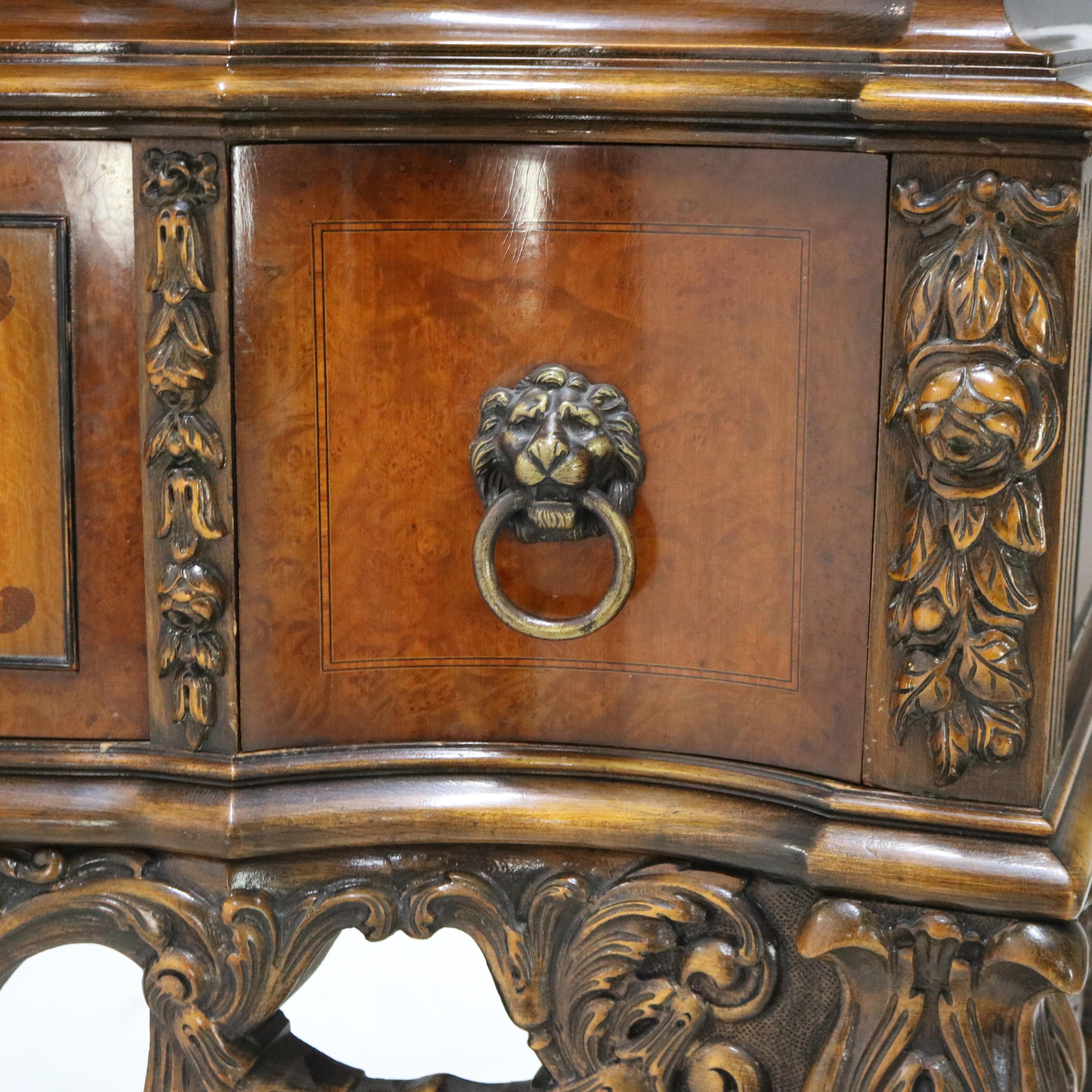 XX secolo Antique French Style Reticulated Flame Mahogany, Rosewood & Satinwood Credenza