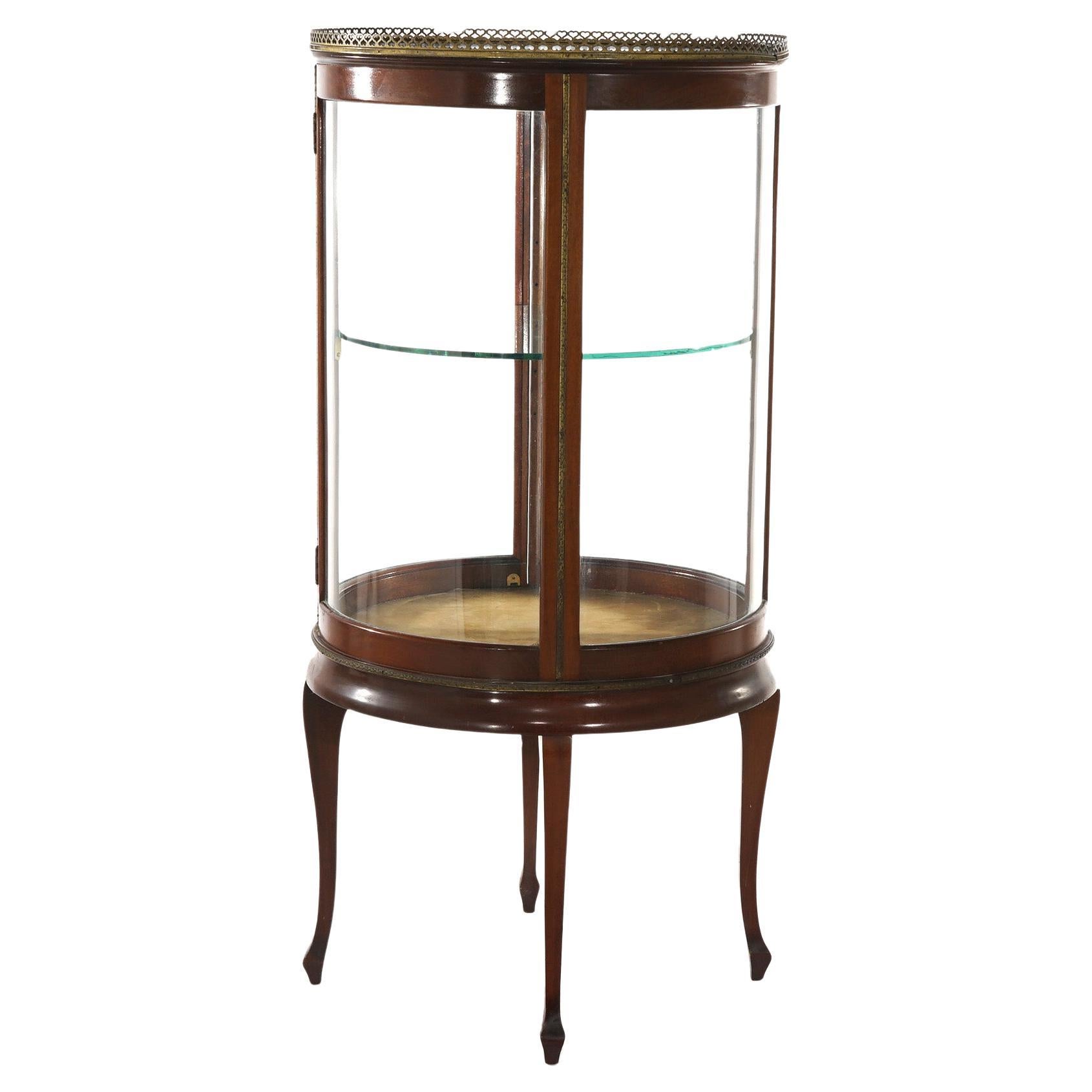 Antique French Style Round Mahogany Display Vitrine with Foliate Ormolu C1900 For Sale