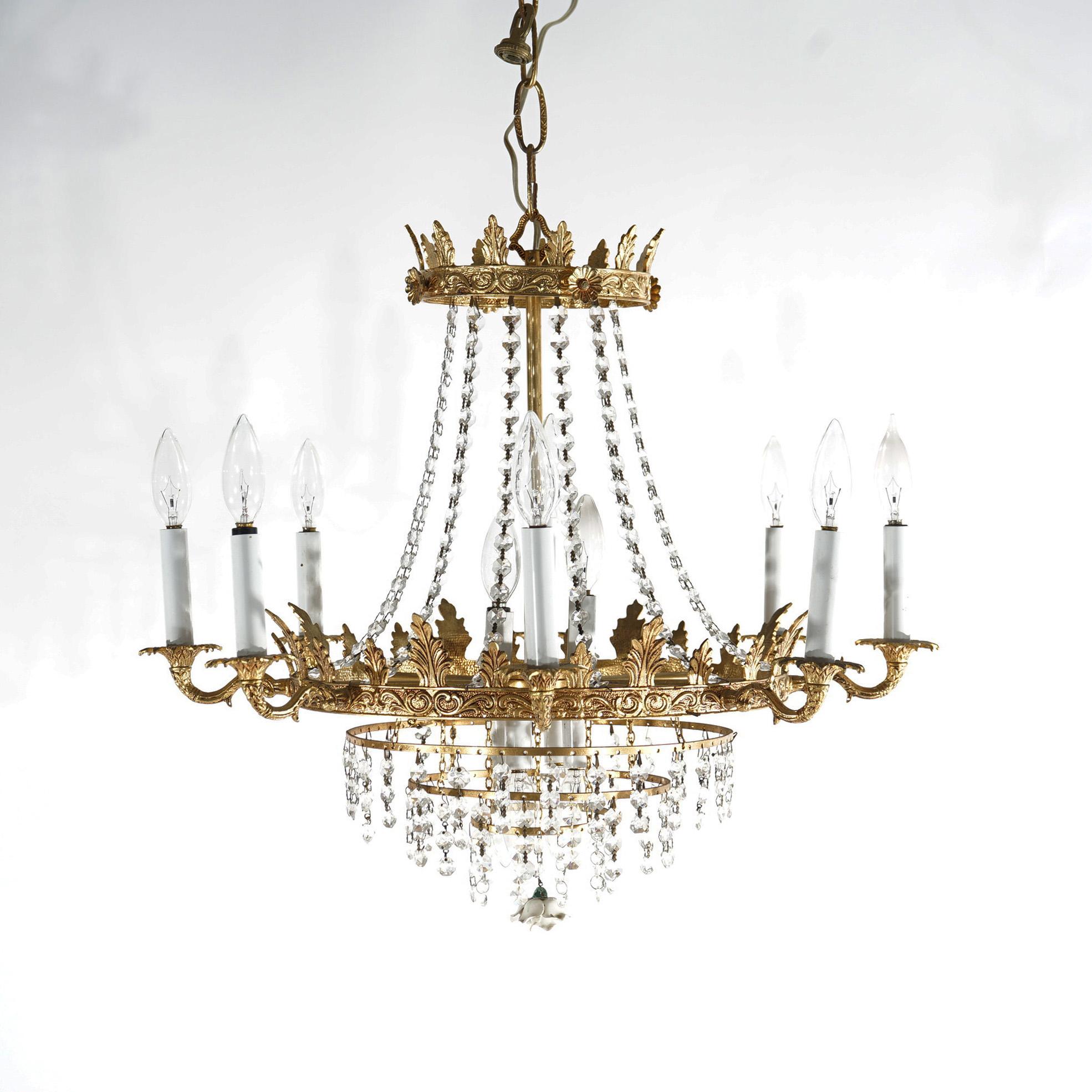 American Antique French Style Wedding Cake Gilt Sixteen-Light Crystal Chandelier c1940