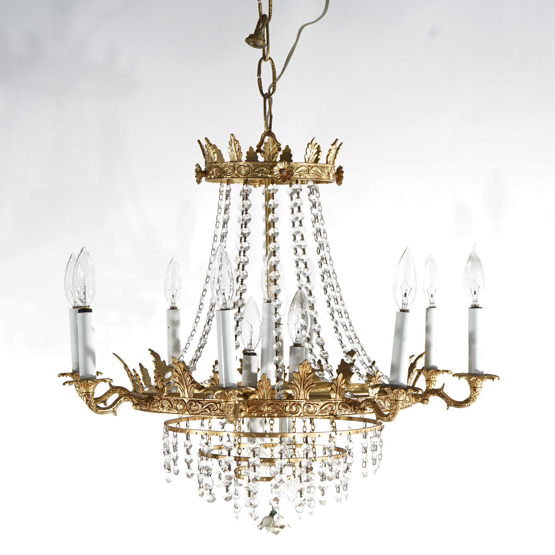 Antique French Style Wedding Cake Gilt Sixteen-Light Crystal Chandelier c1940 In Good Condition In Big Flats, NY