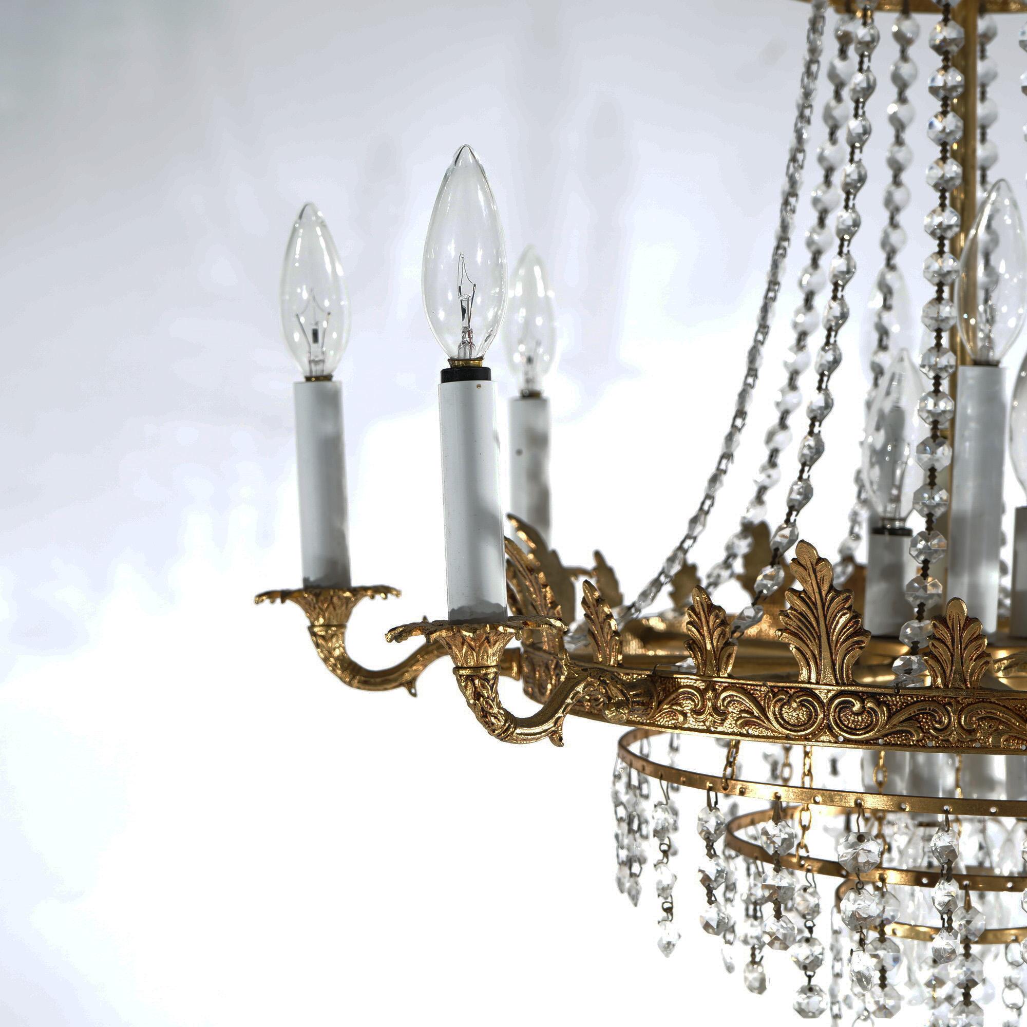 Antique French Style Wedding Cake Gilt Sixteen-Light Crystal Chandelier c1940 2