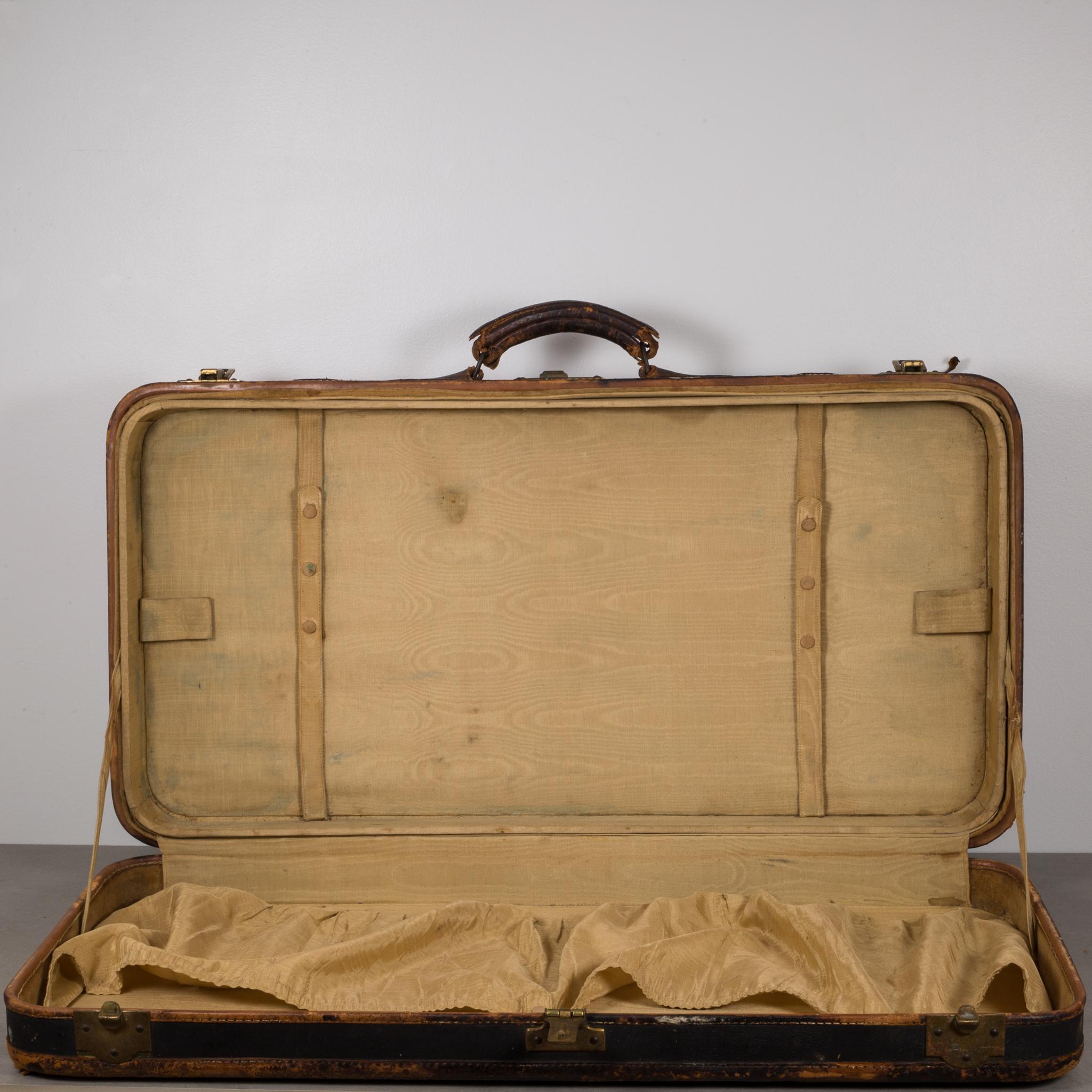 Brass Antique French Suitcase with Original Travel Stickers, circa 1900-1930