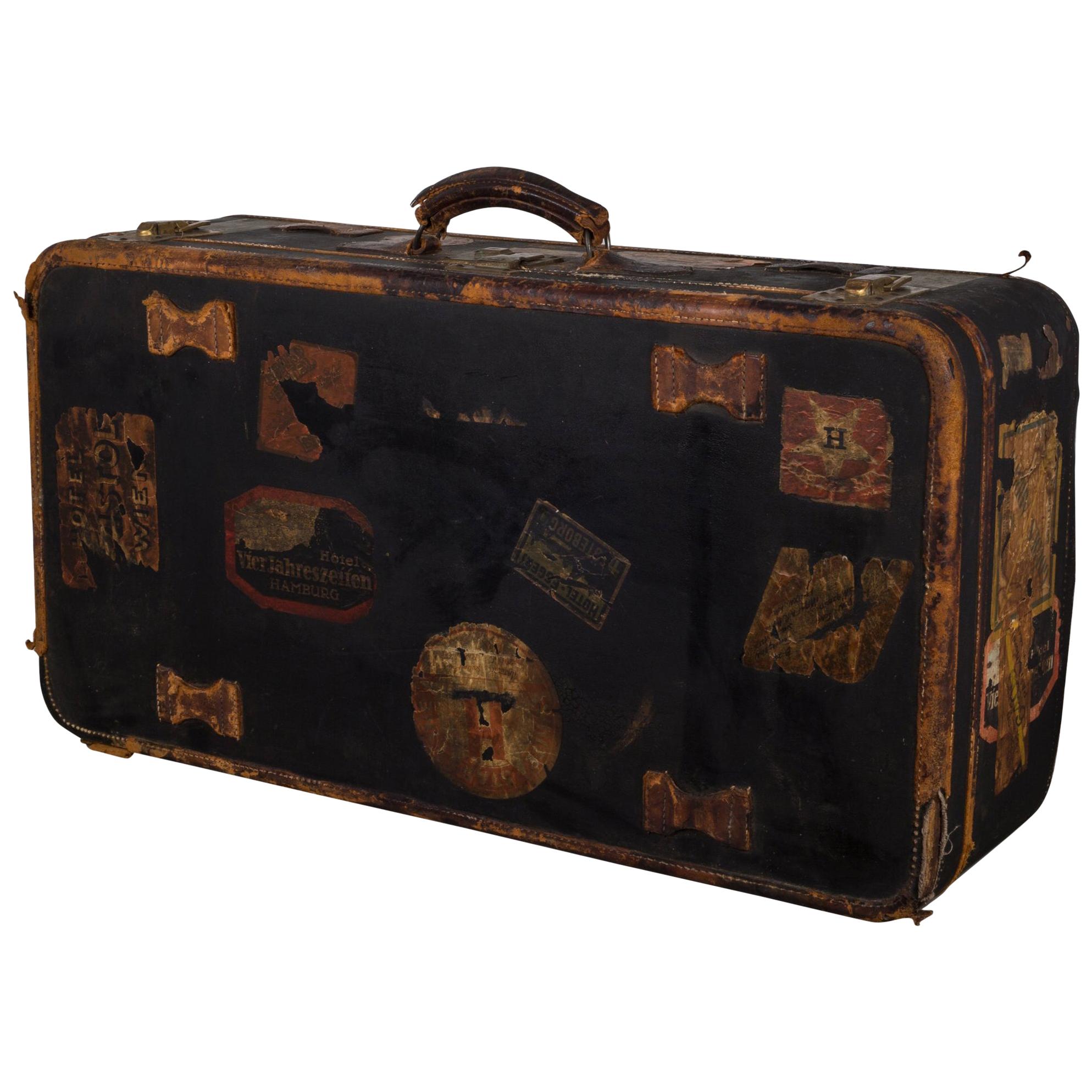 Antique French Suitcase with Original Travel Stickers, circa 1900-1930