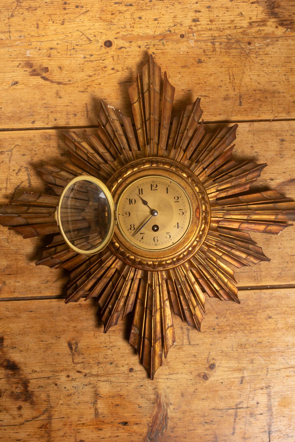 Antique French Sunburst Gilt Wall Clock By Japy Freres & Co. 6
