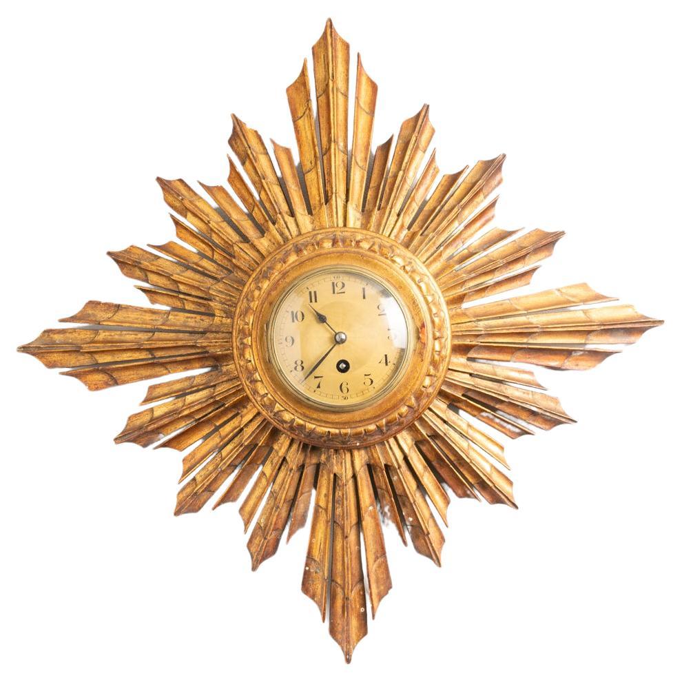 Antique French Sunburst Gilt Wall Clock By Japy Freres & Co.