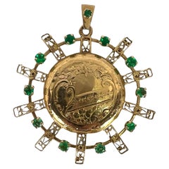 Antique French Sunburst Love Floral 18 Karat Yellow Gold Emerald Locket Pendant