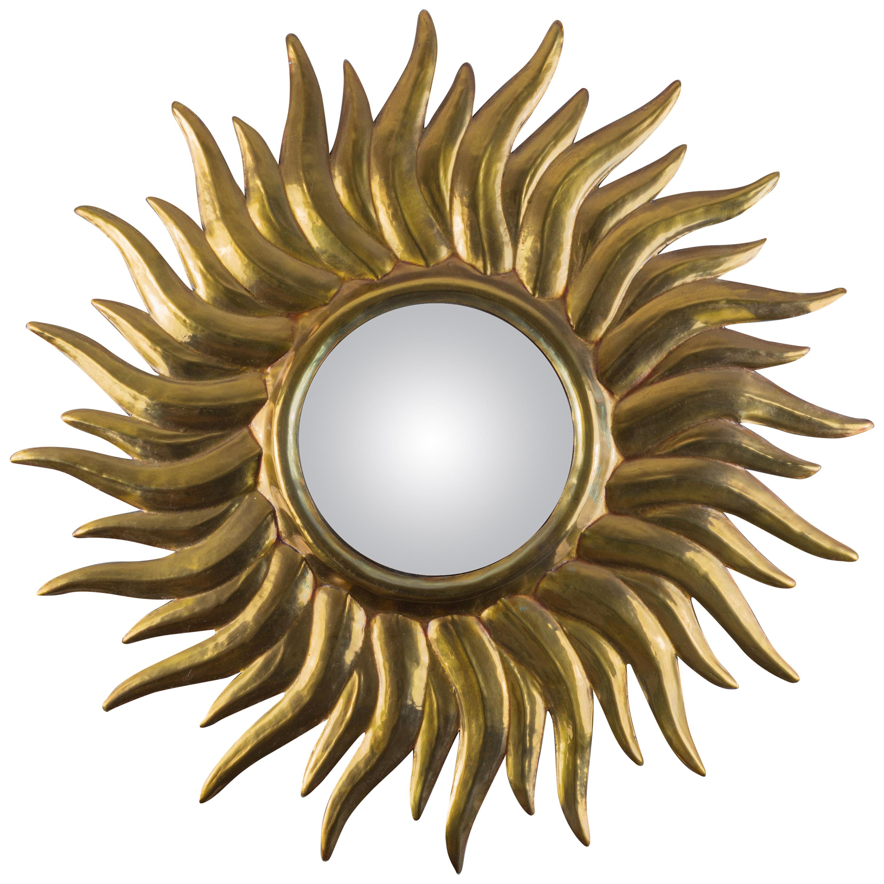 Antique French Sunburst Wall Mirror with Convex Mirror Glass, Late 19th Century For Sale