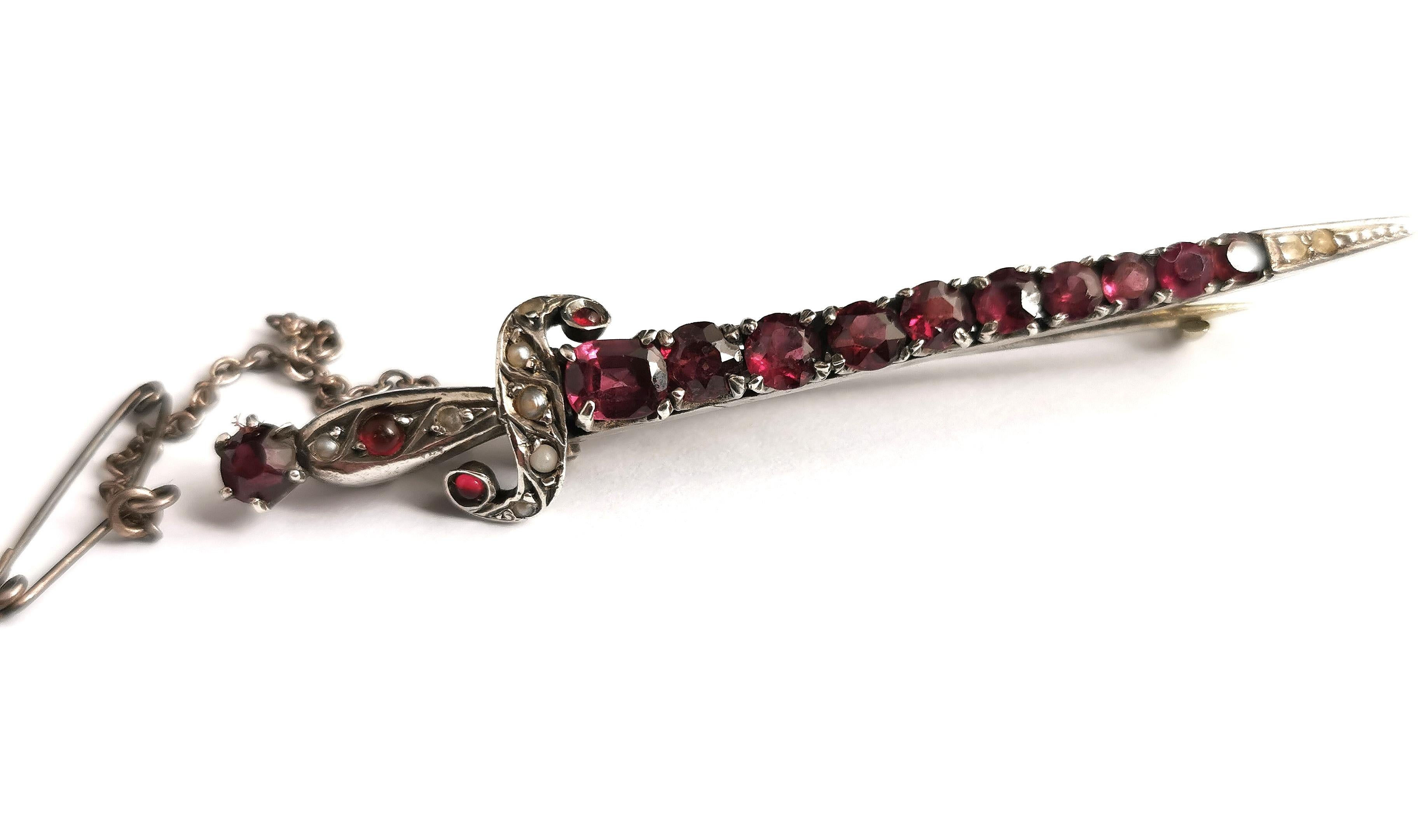 Antique French Sword Brooch, Rhodolite Garnet and Seed Pearl, Silver 5