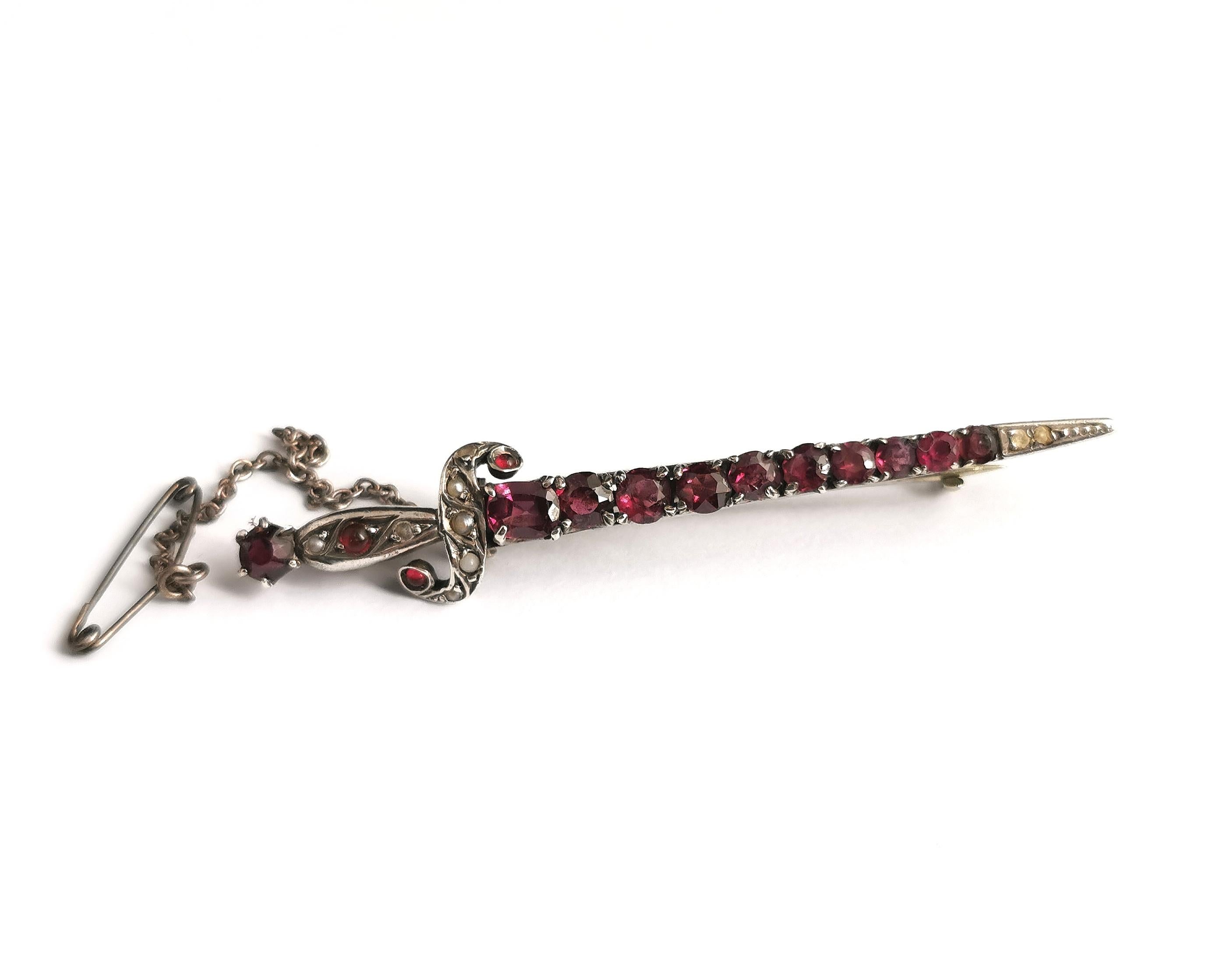 Antique French Sword Brooch, Rhodolite Garnet and Seed Pearl, Silver 6