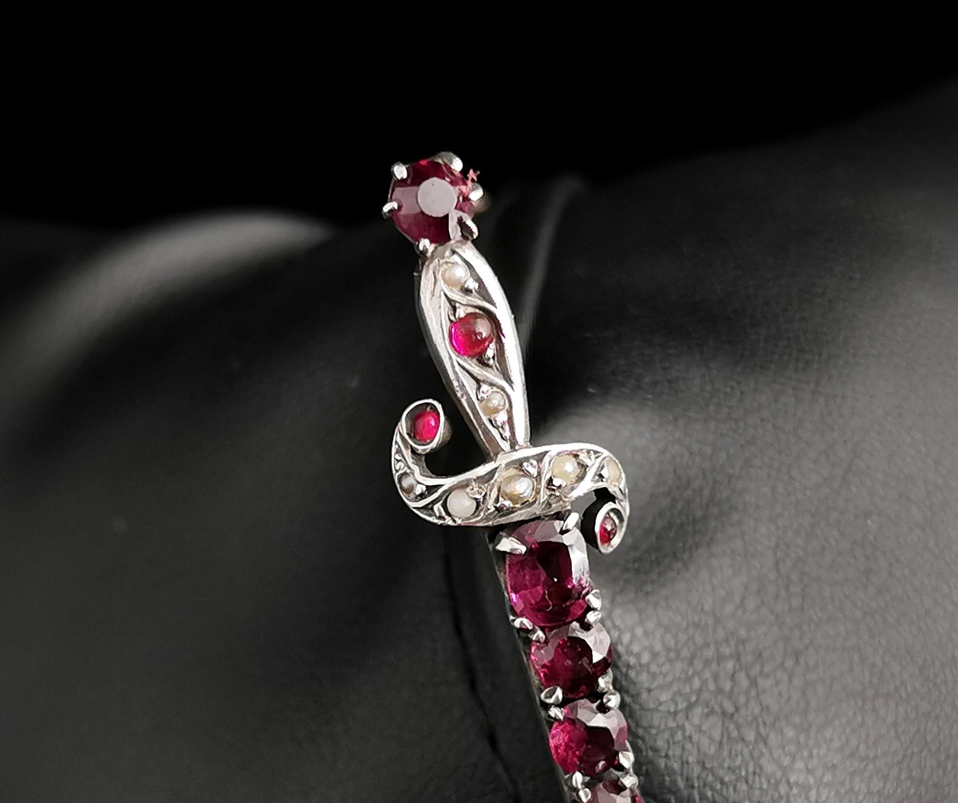 Round Cut Antique French Sword Brooch, Rhodolite Garnet and Seed Pearl, Silver