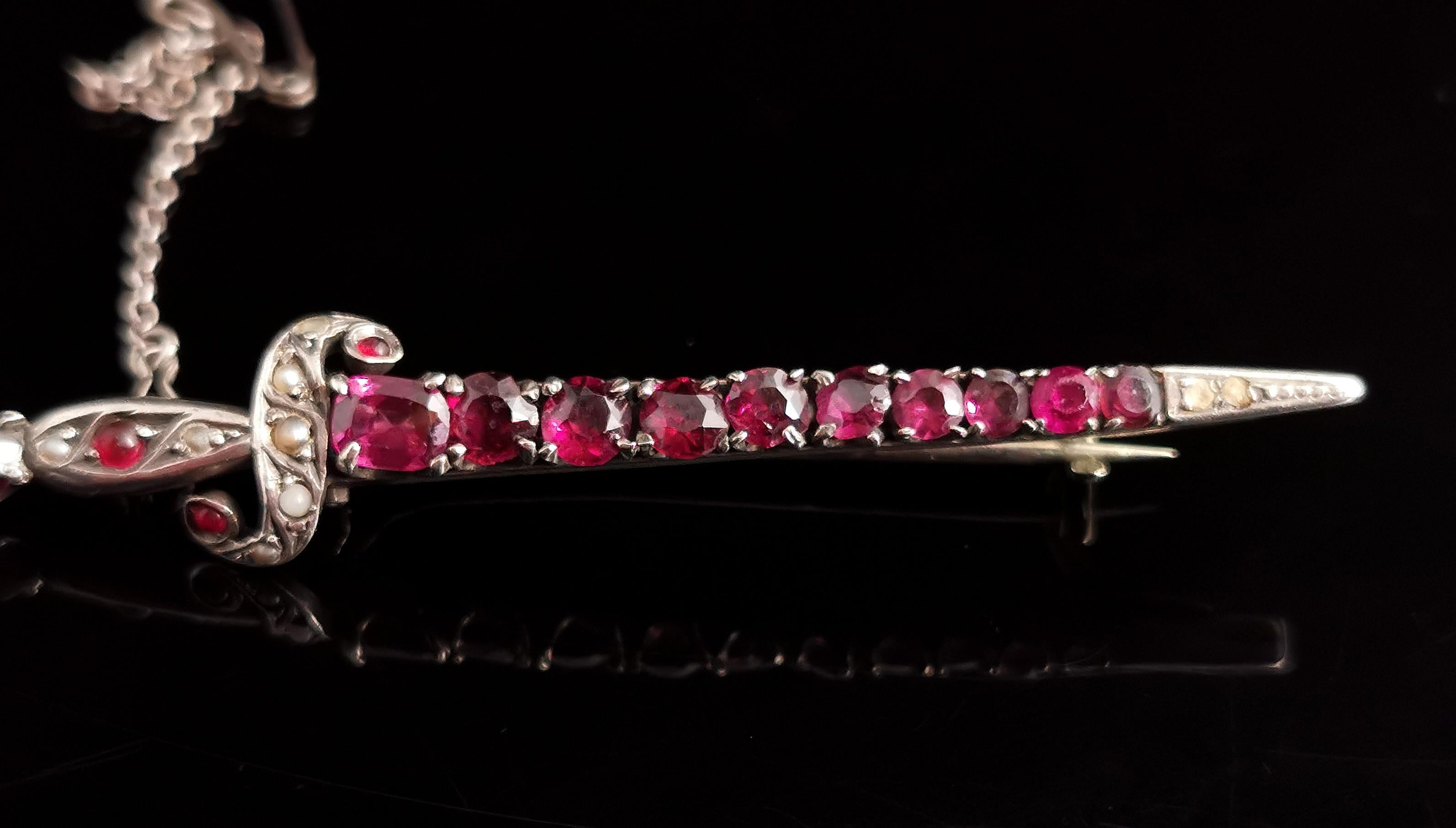 Antique French Sword Brooch, Rhodolite Garnet and Seed Pearl, Silver In Fair Condition In NEWARK, GB