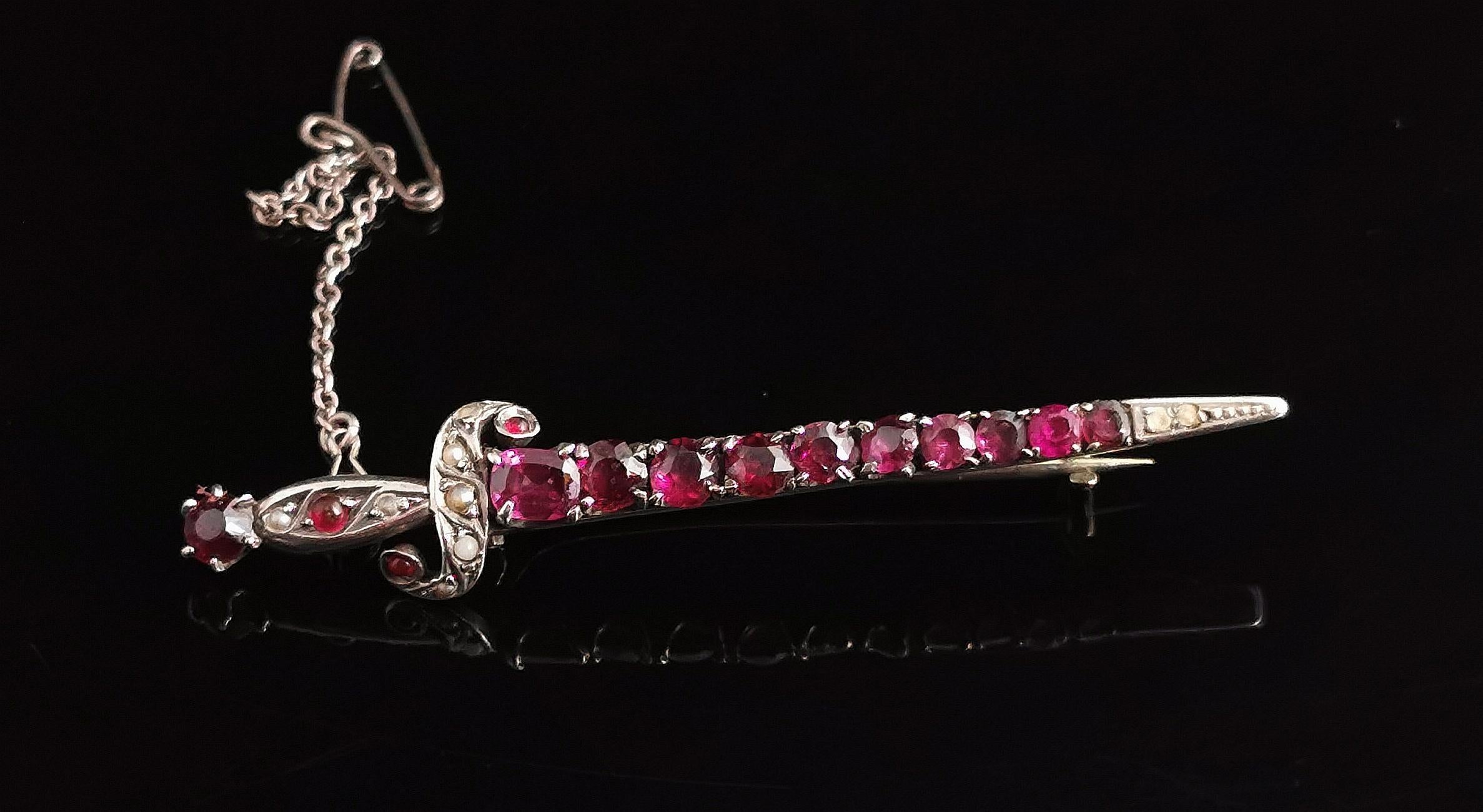 Antique French Sword Brooch, Rhodolite Garnet and Seed Pearl, Silver 1