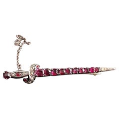 Antique French Sword Brooch, Rhodolite Garnet and Seed Pearl, Silver