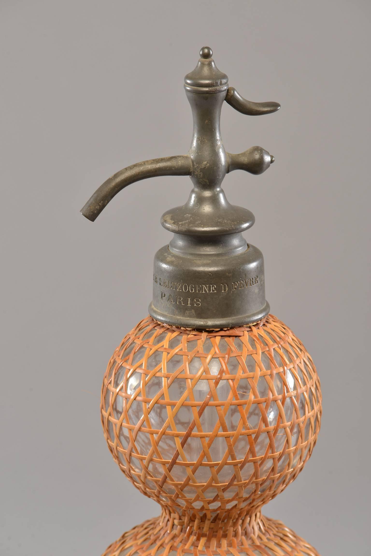 Antique French Syphon Bottle with Rattan Cover In Good Condition In Troy, MI