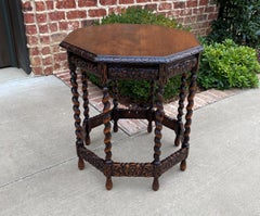 Antique French Table Barley Twist Octagonal Carved Oak Renaissance Revival