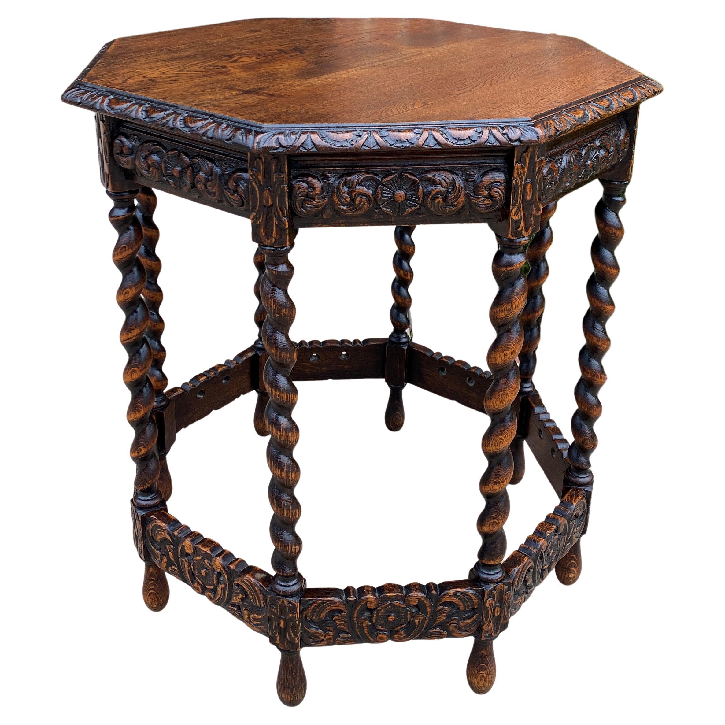 Antique French Table Barley Twist Octagonal Carved Oak Renaissance Revival