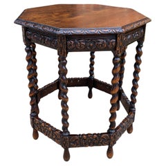Antique French Table Barley Twist Octagonal Carved Oak Renaissance Revival