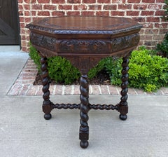 Antique French Table Barley Twist Octagonal Renaissance Revival Carved Oak 19thC