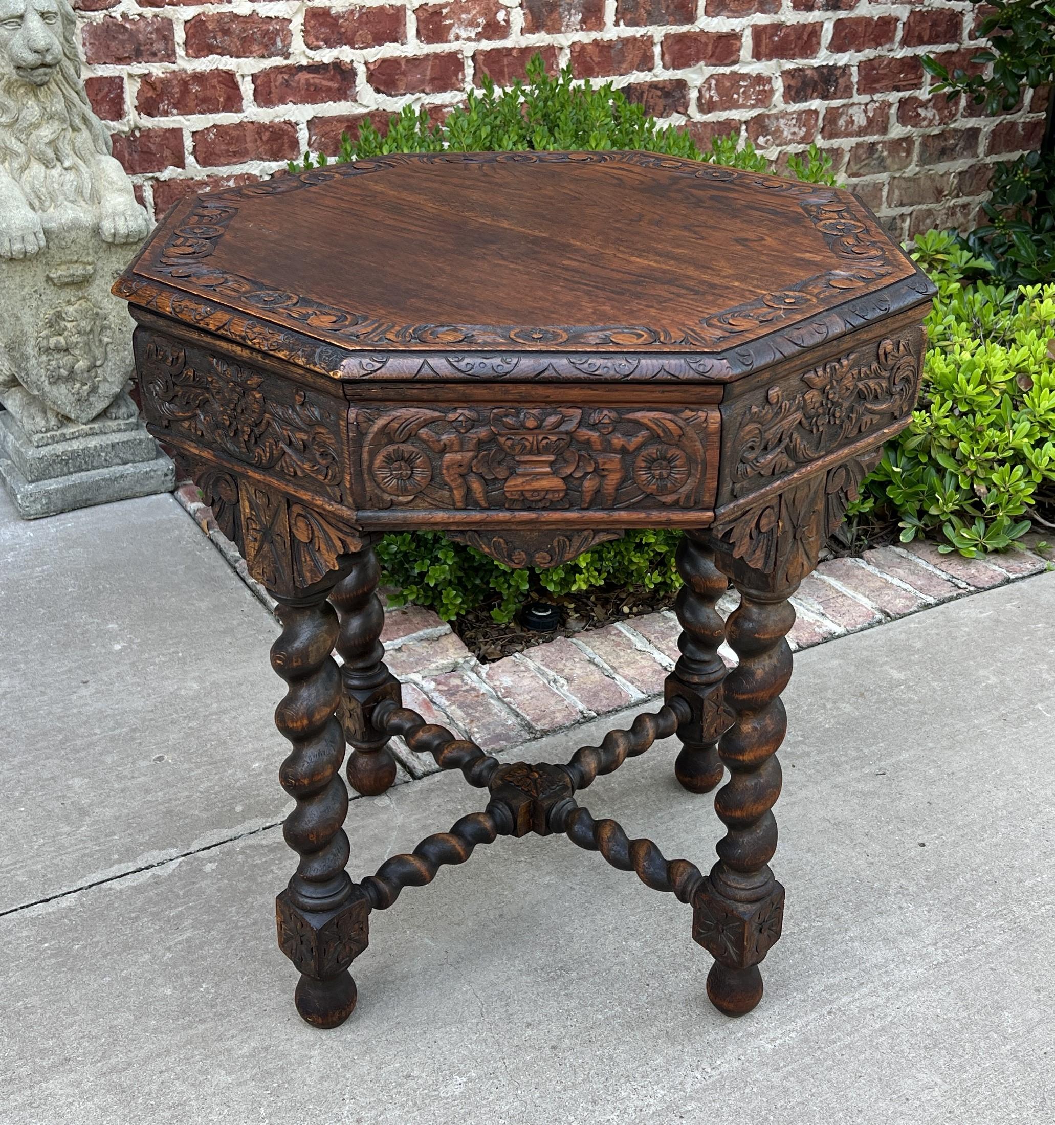 Antique French Table Barley Twist Octagonal Renaissance Revival Carved Oak 19thc In Good Condition For Sale In Tyler, TX