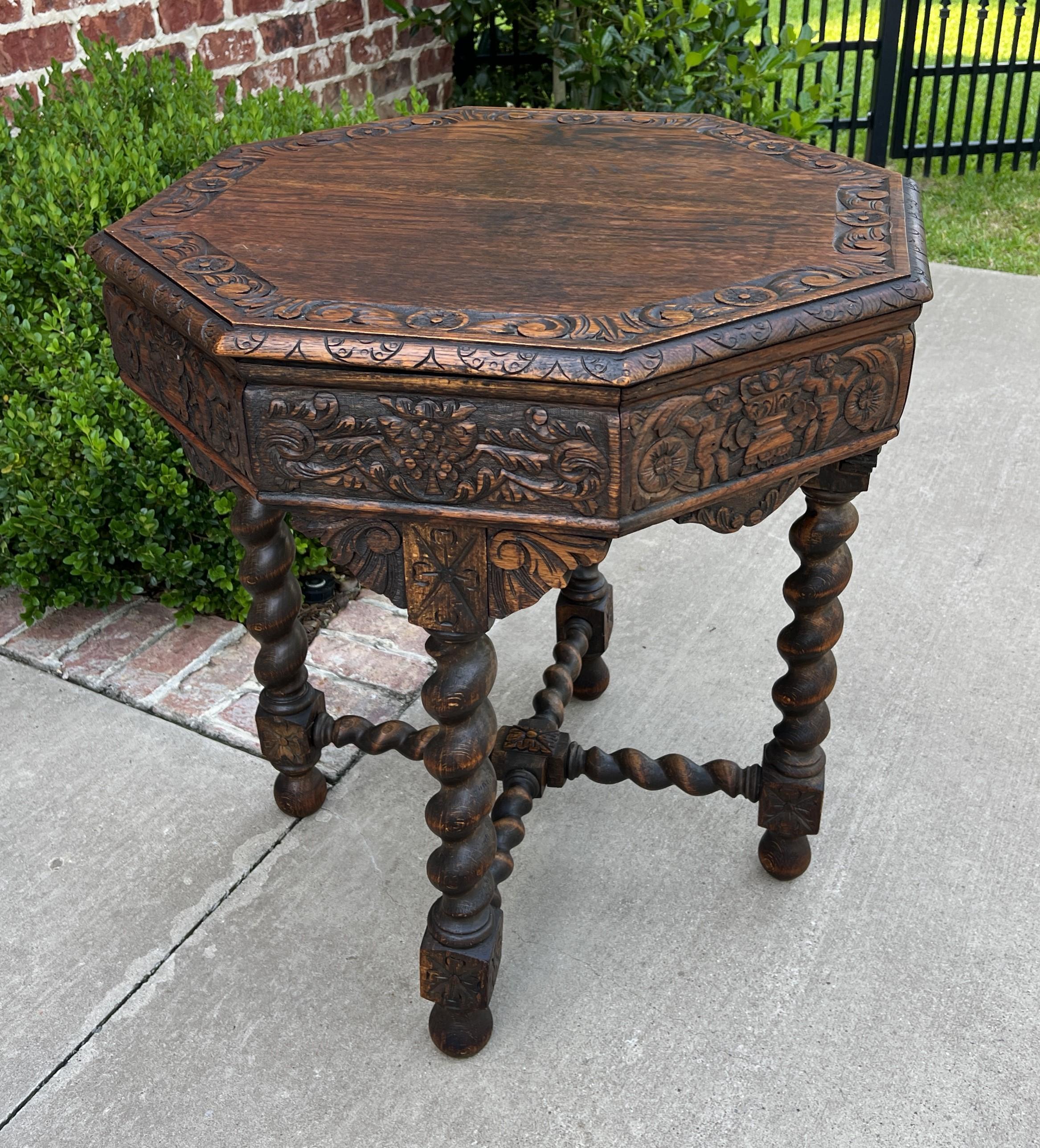 Late 19th Century Antique French Table Barley Twist Octagonal Renaissance Revival Carved Oak 19thc For Sale